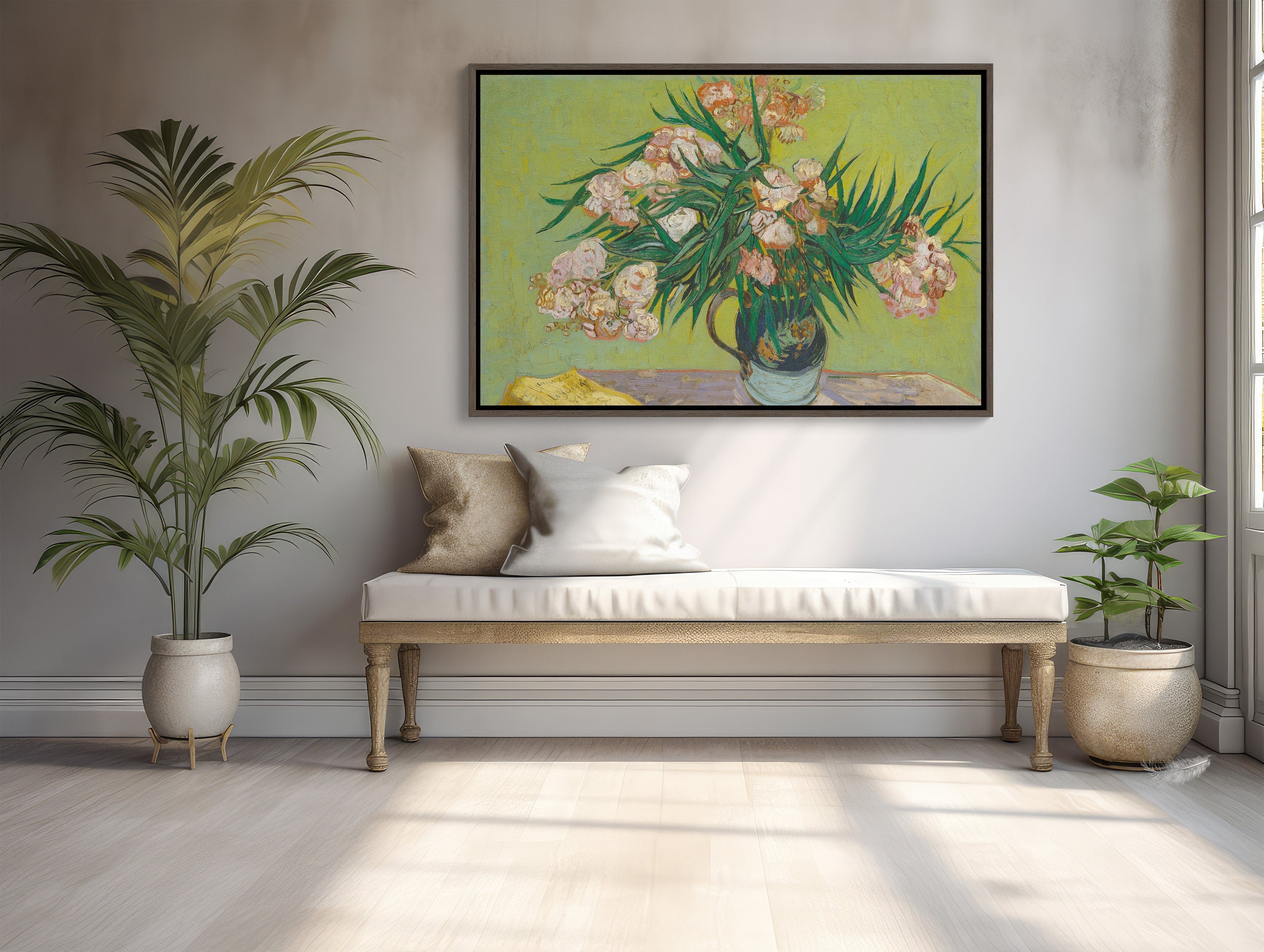 Van Gogh Oleanders XL Framed Canvas Art in vibrant colors and intricate details, perfect for adding a touch of elegance to your home decor