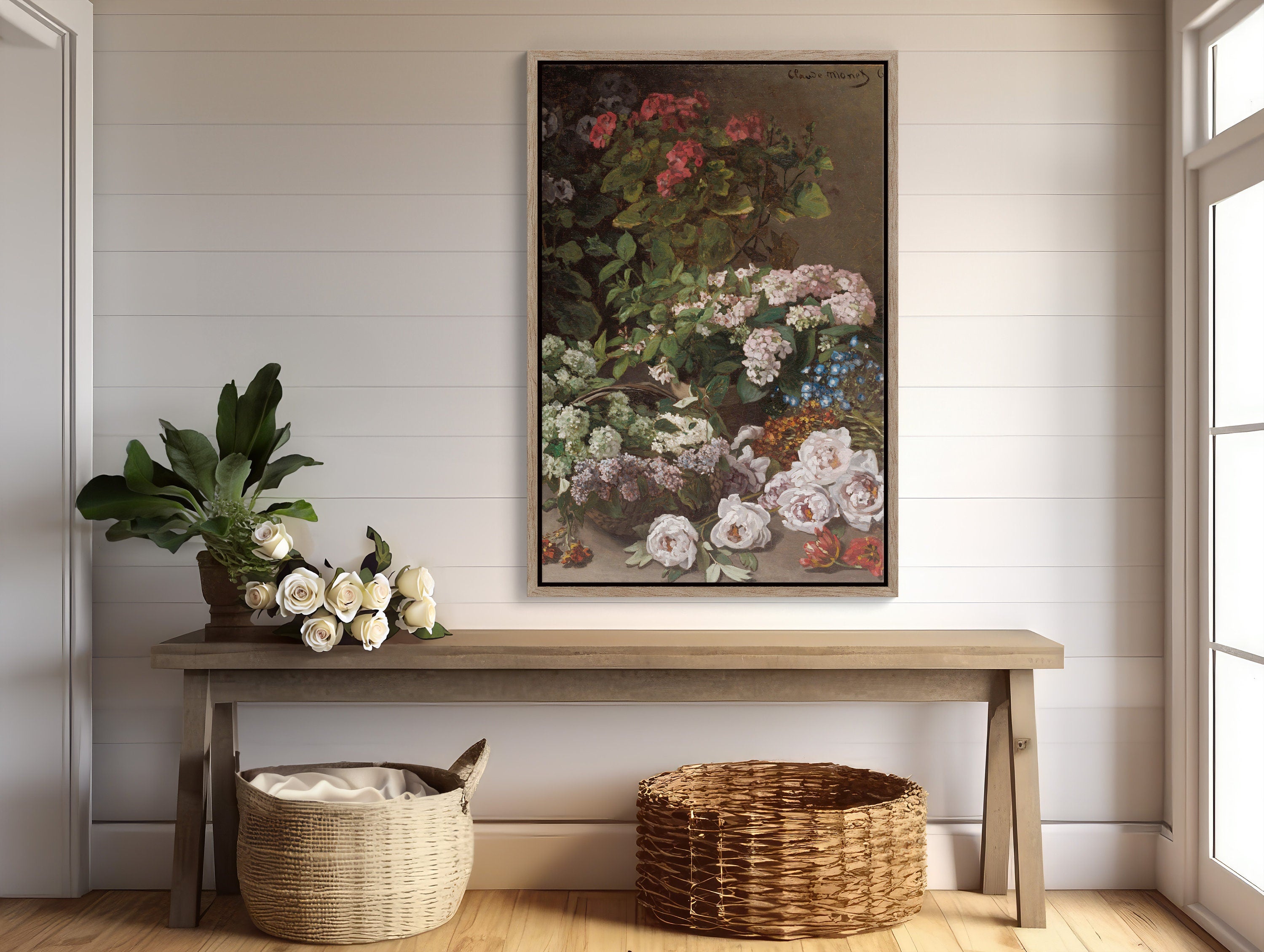  Spacious and modern room featuring Monet's Spring Flowers framed canvas print