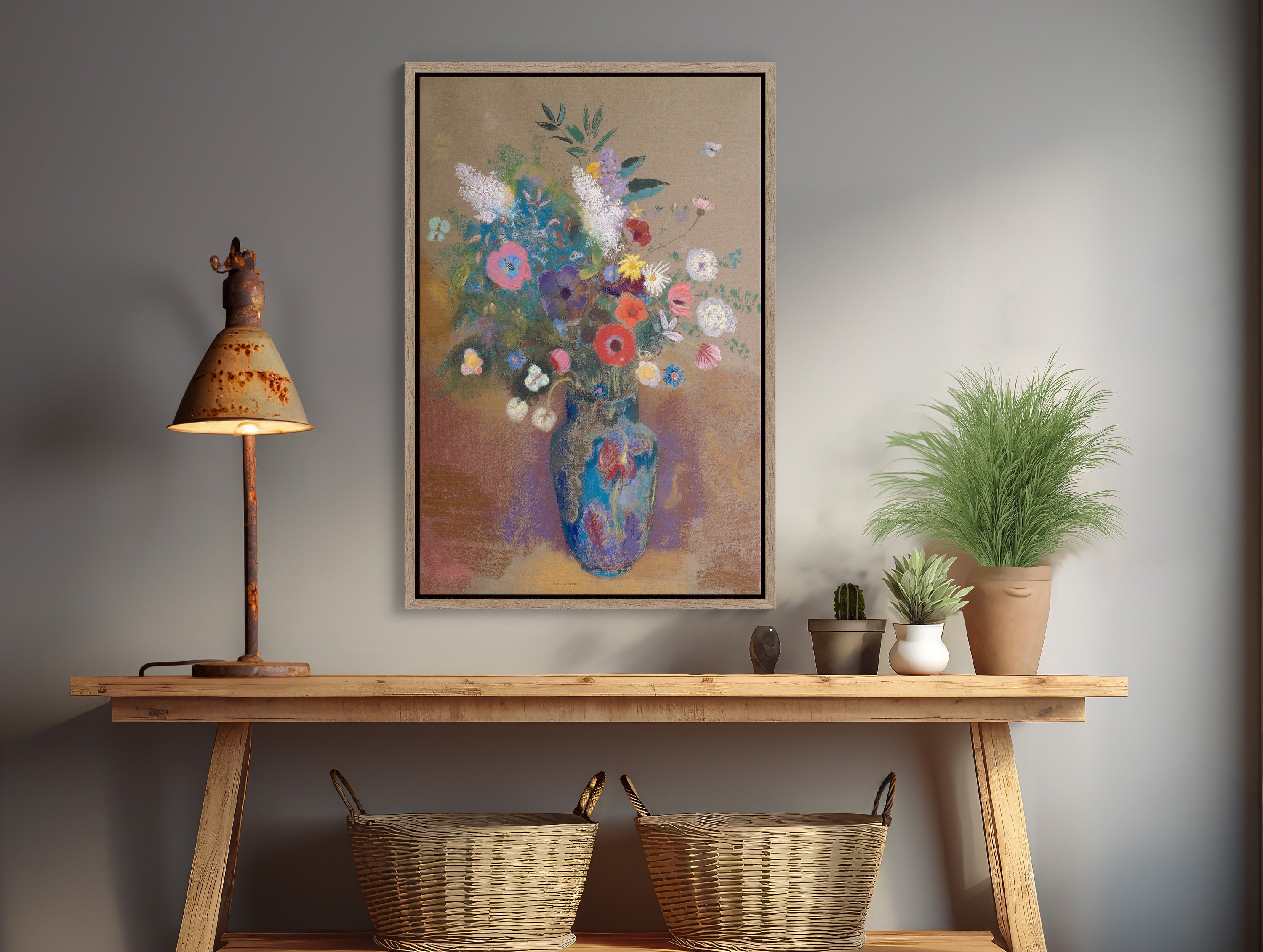 Large Wall Art Elegant Framed Canvas Print Redons 'Bouquet of Flowers' in a gold frame on a white wall