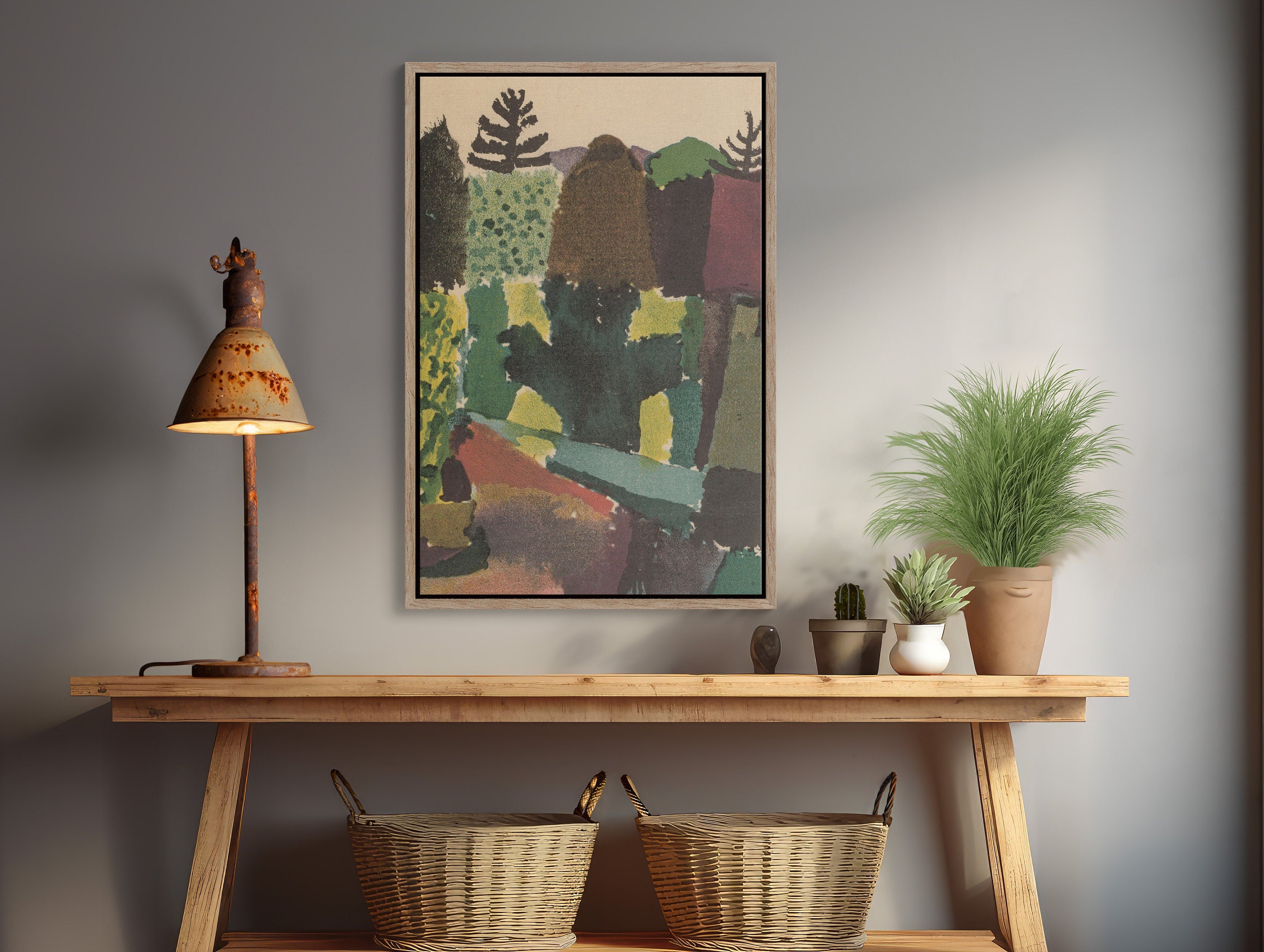 Beautiful framed canvas of Paul Klee's Vibrant Park painting with colorful and dynamic abstract shapes and patterns