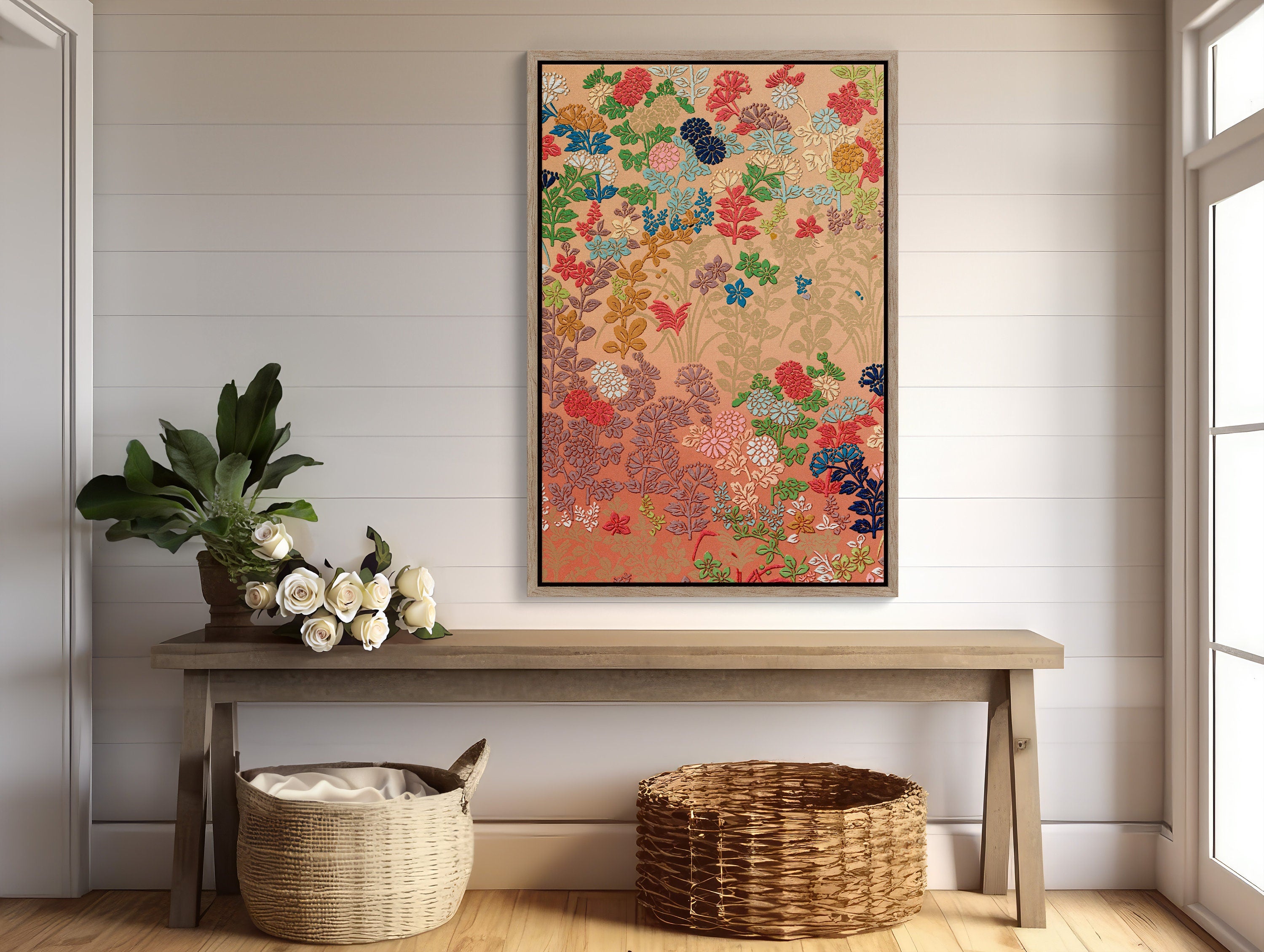  Beautiful wall art featuring a traditional Japanese flower motif in soft pastel colors