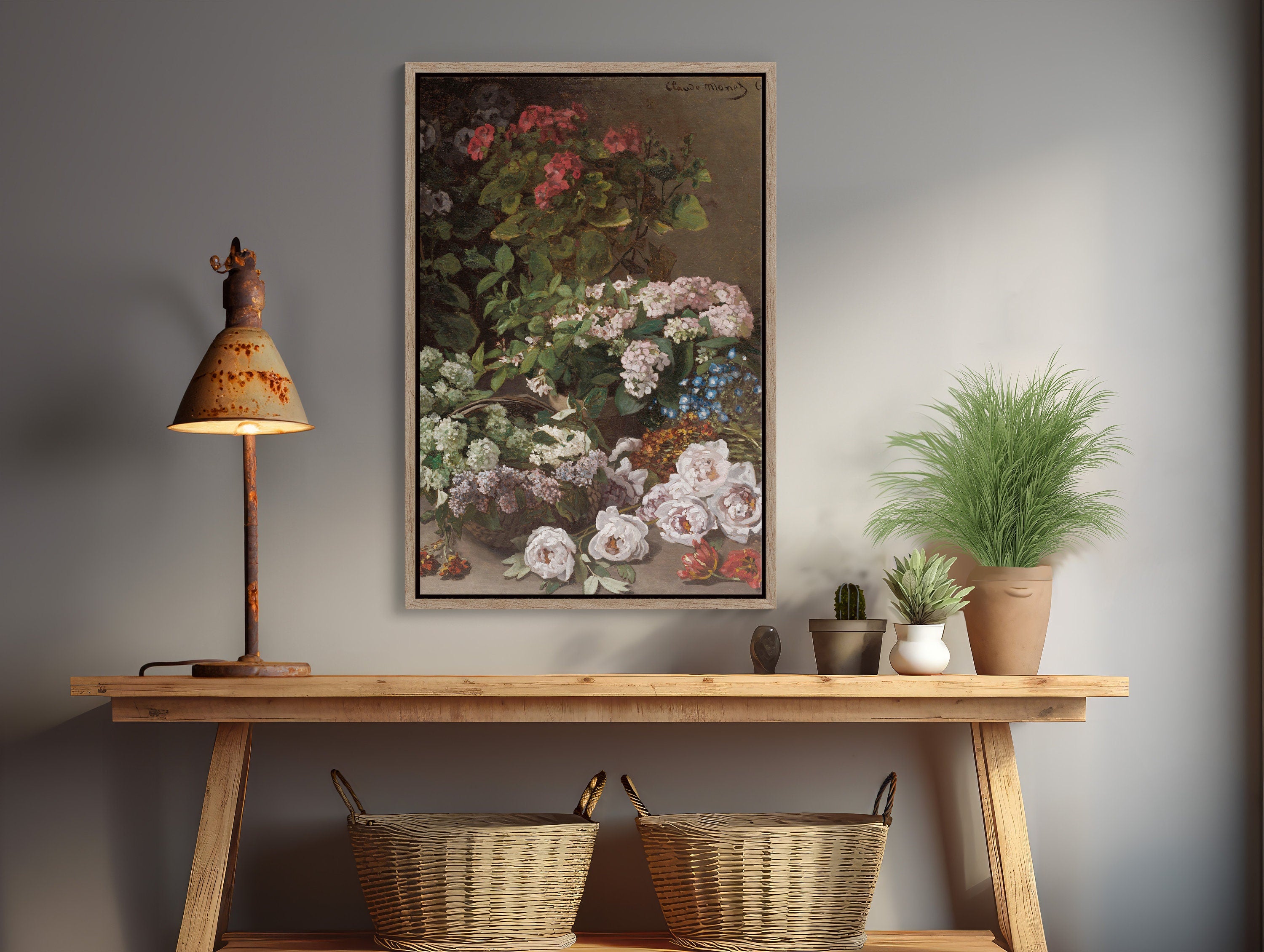 Large wall art framed canvas print of Monet's Spring Flowers in a living room setting