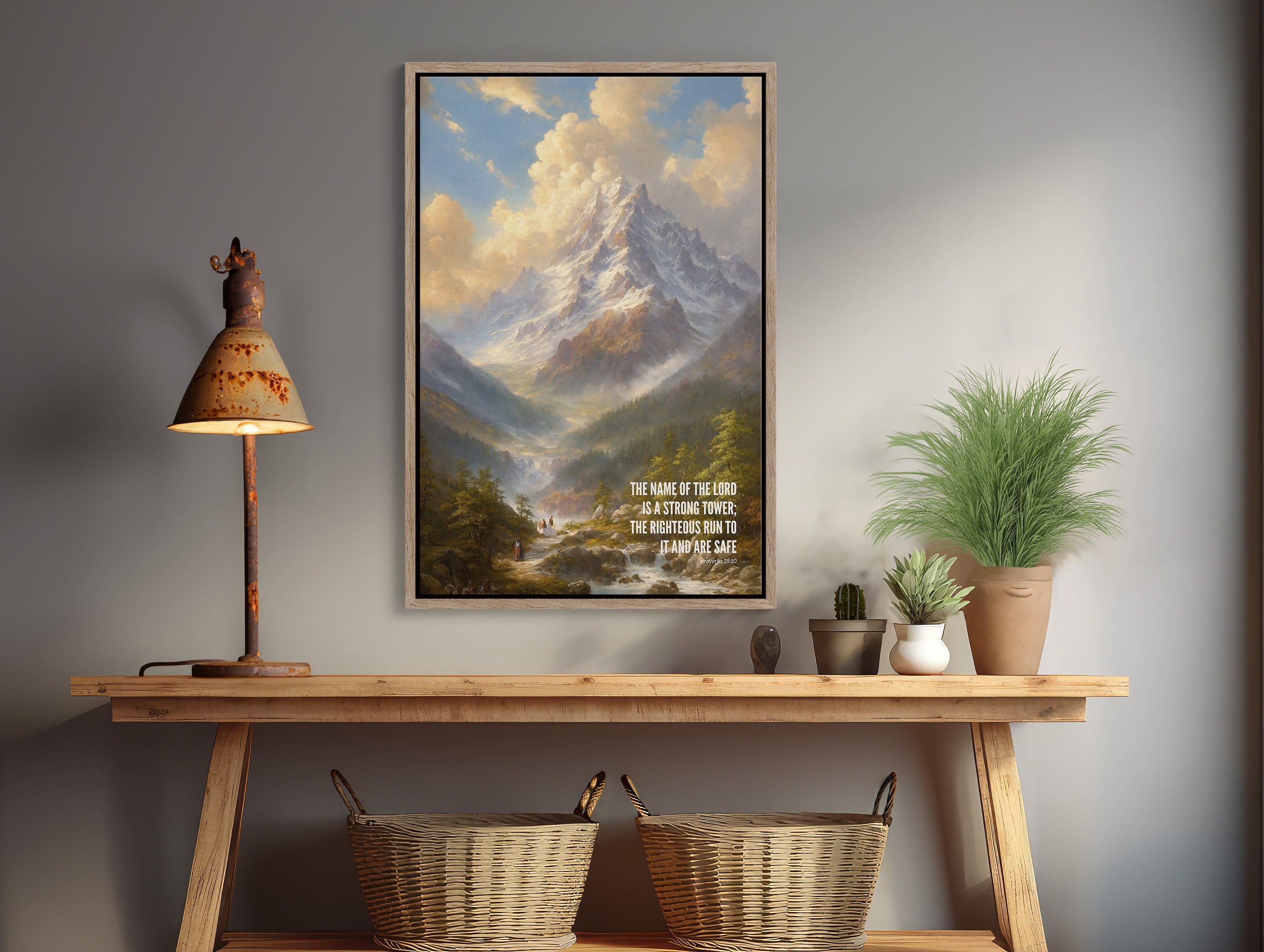 Christian home decor with framed Bible verse canvas print