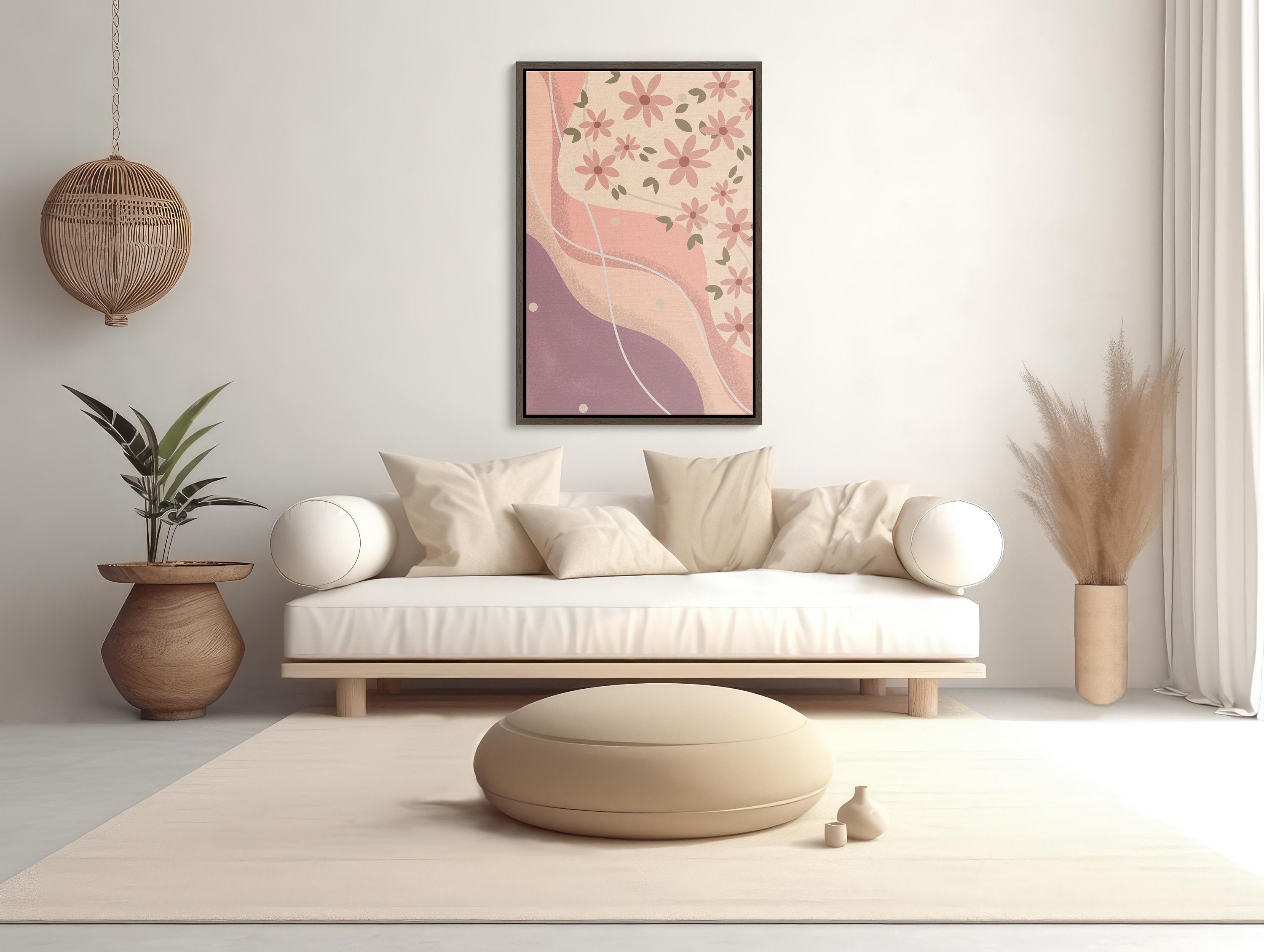 Boho Pink Framed Canvas Print with Floral Design for Bohemian Home Decor