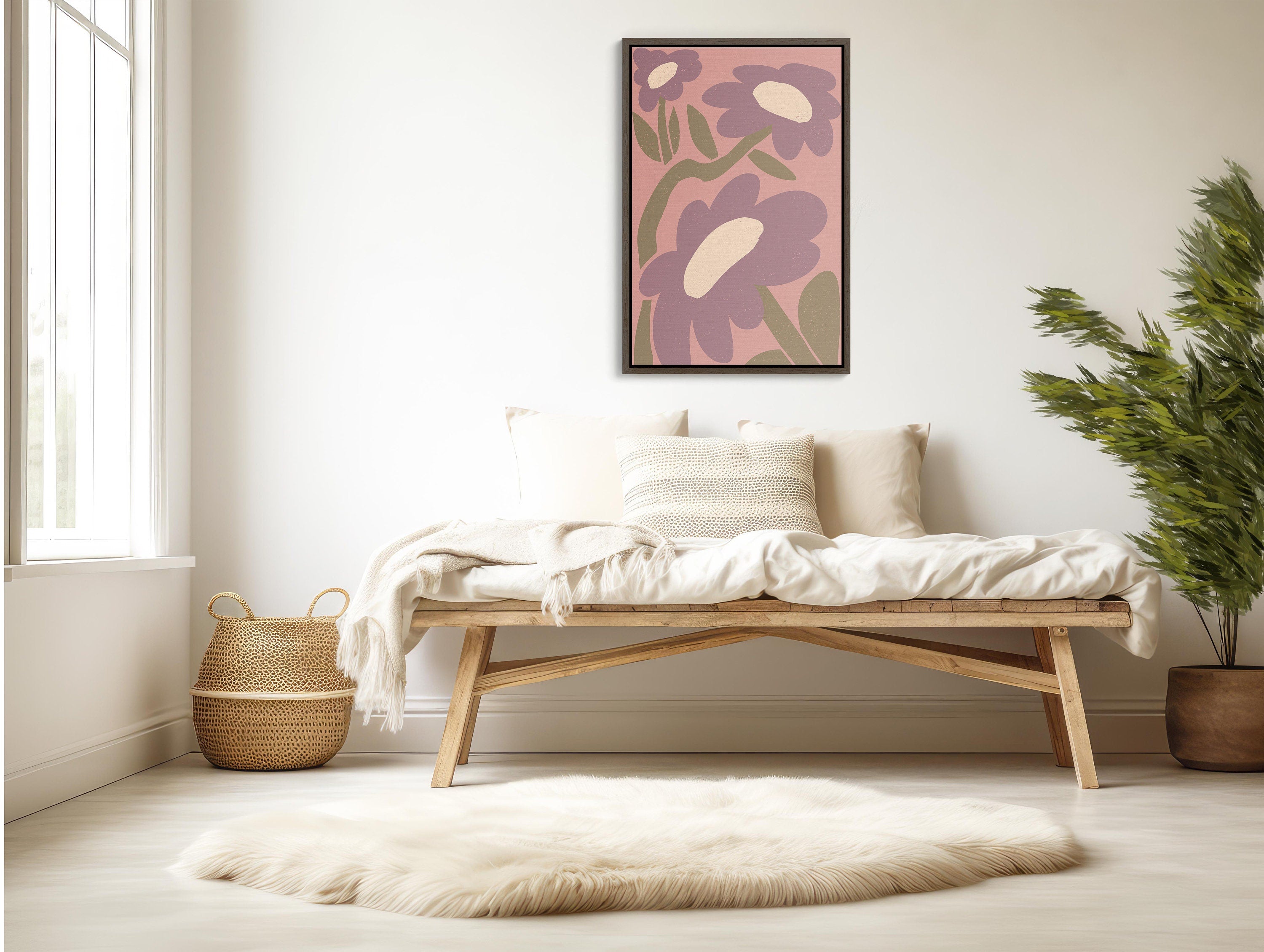 Large framed wall art with bohemian pink floral design