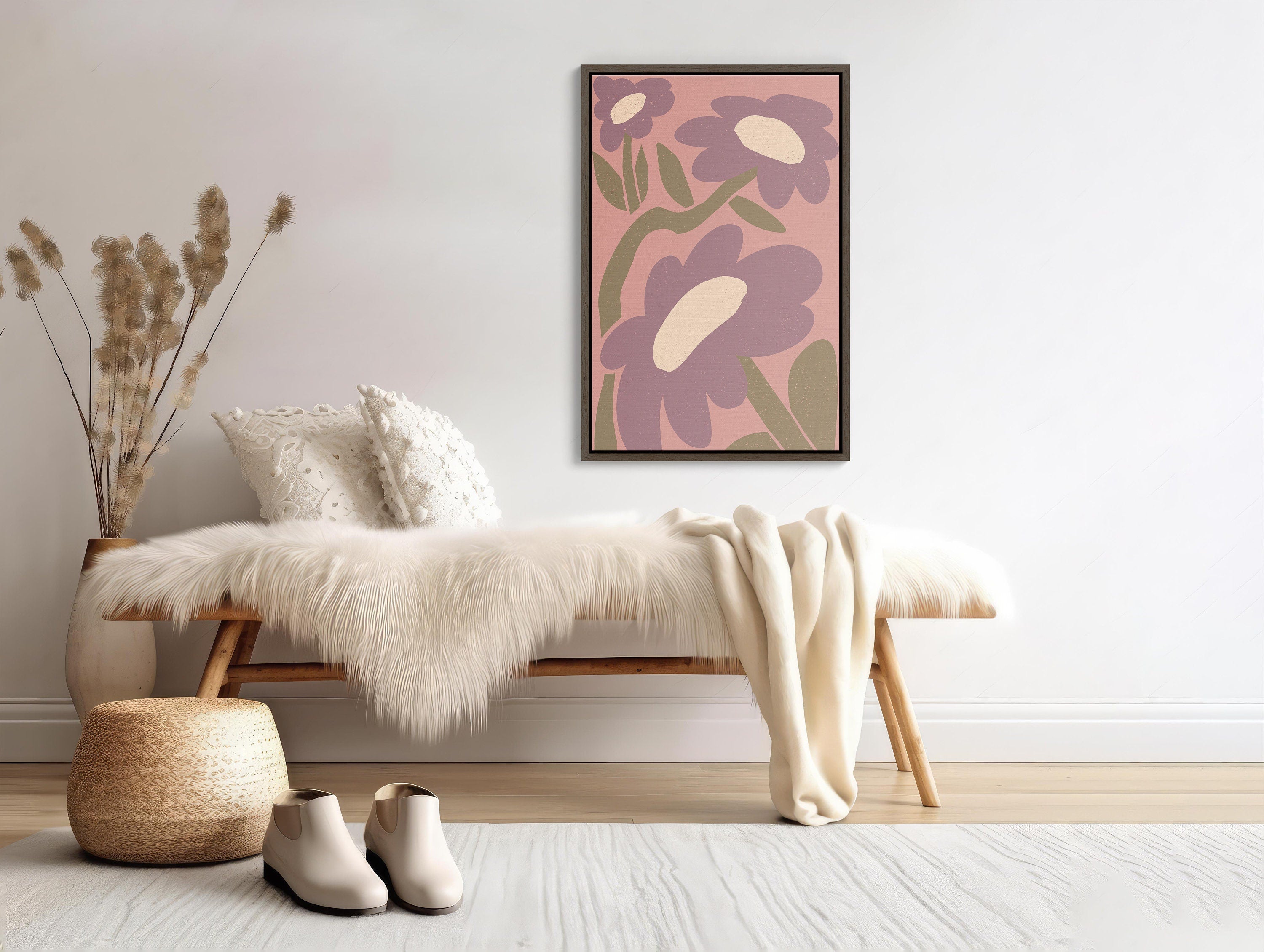 Framed canvas print with intricate pink boho wall art