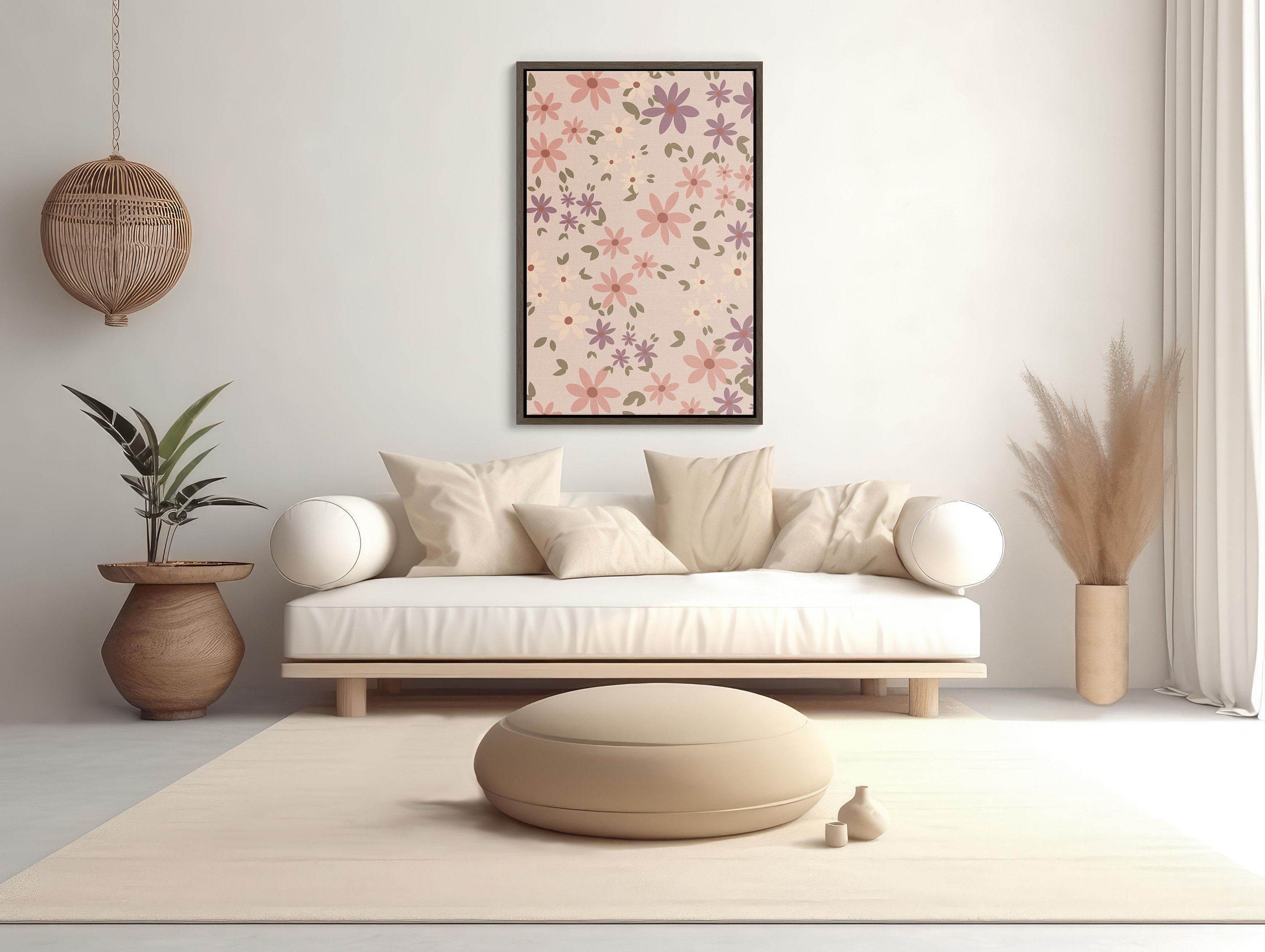 Framed wall art with intricate floral patterns in soft pink tones