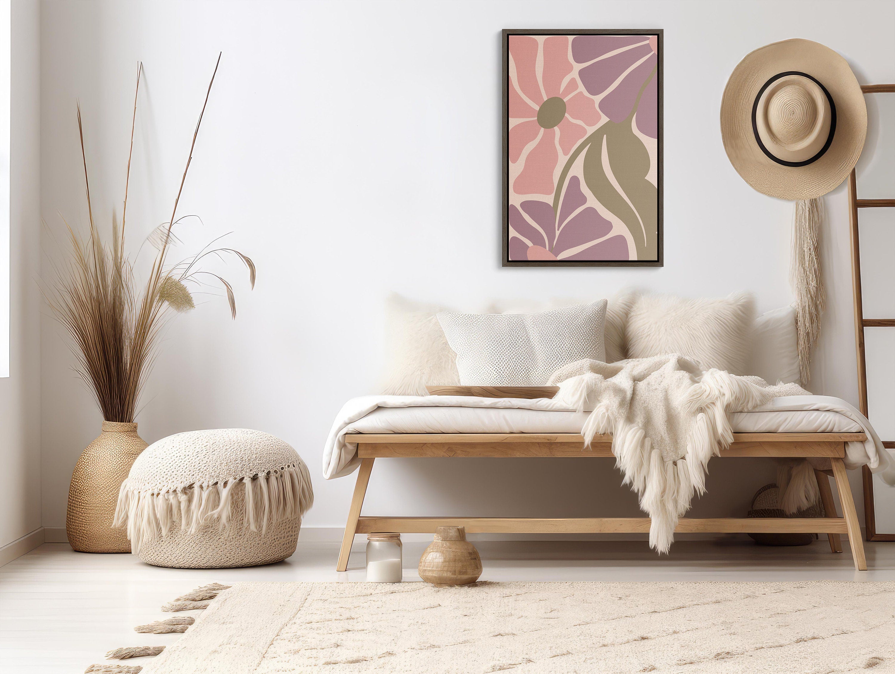 Framed canvas print with vibrant pink colors and modern style