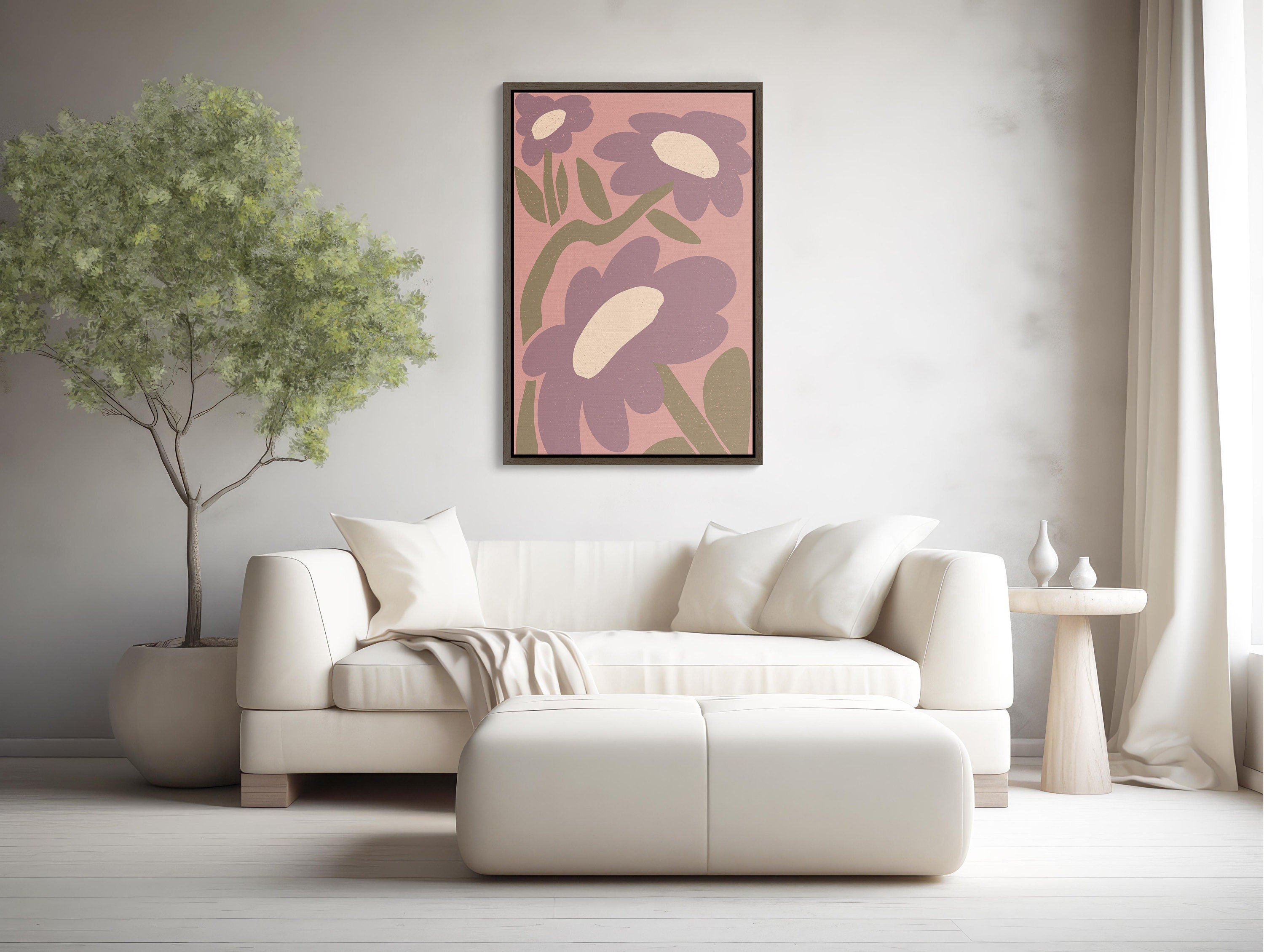 Boho wall art featuring a pink floral design in a frame