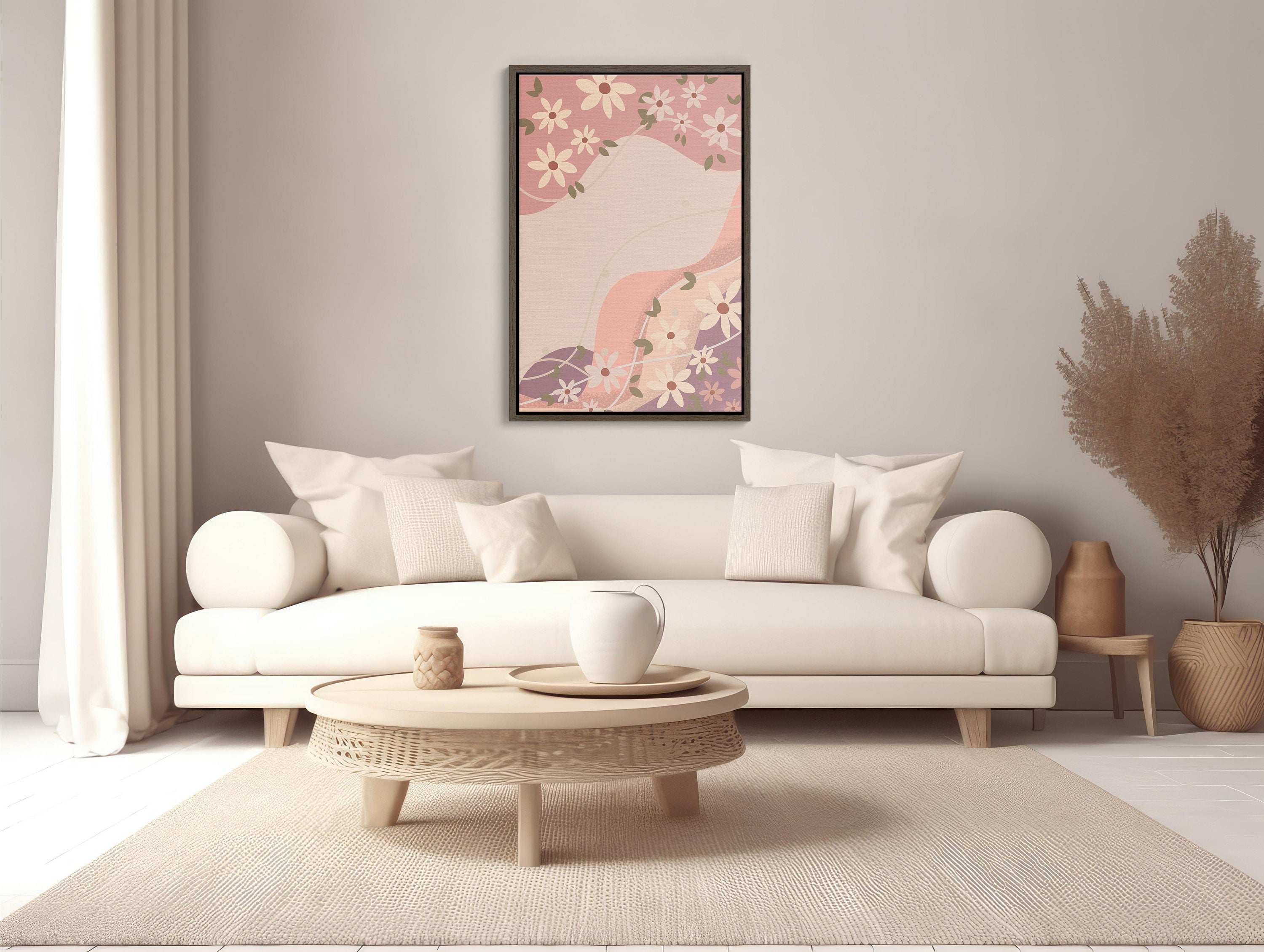 Abstract Pink and Gold Wall Art with Floral Elements