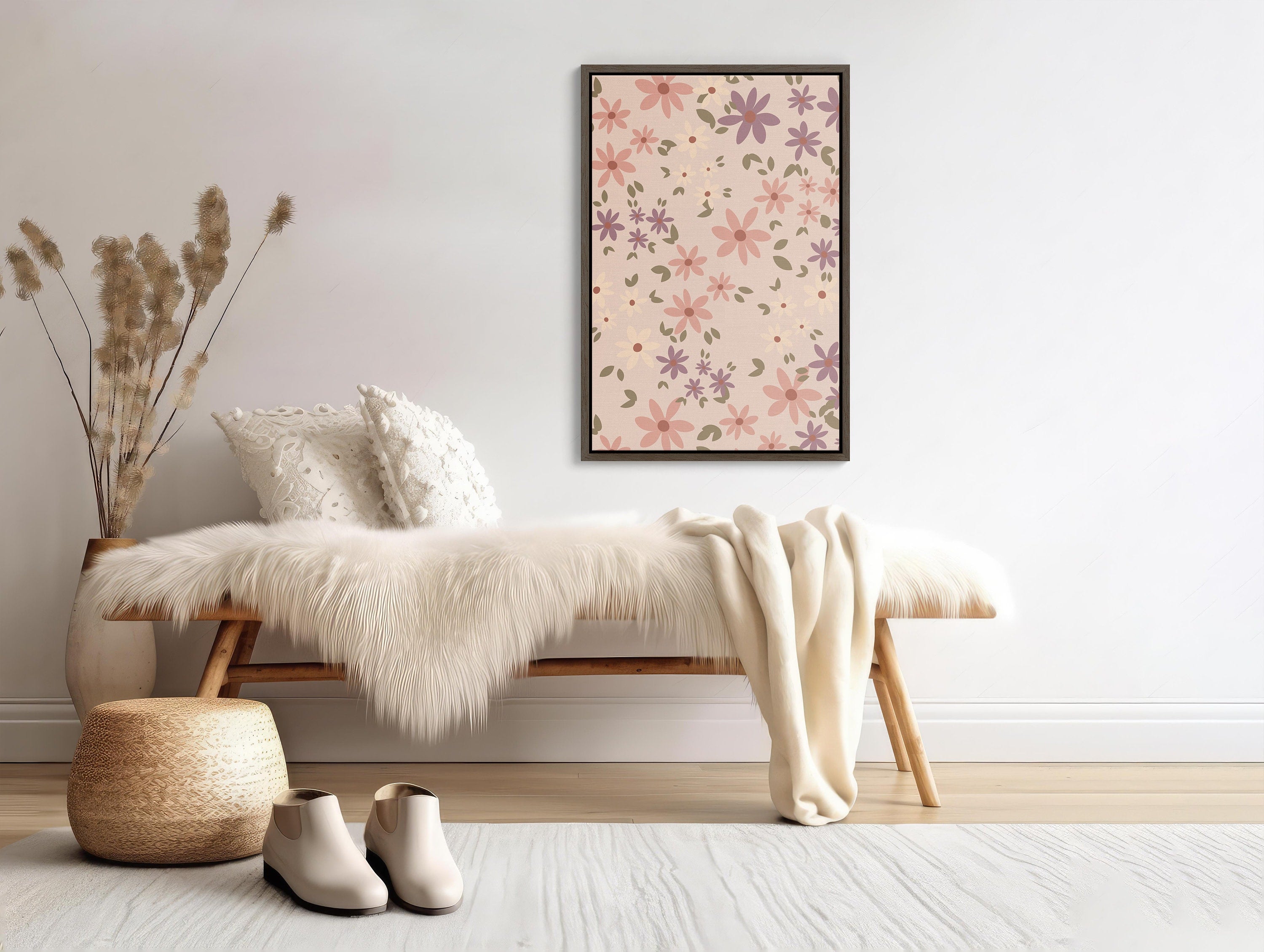 Pink wall art with bohemian-inspired design in a framed canvas print