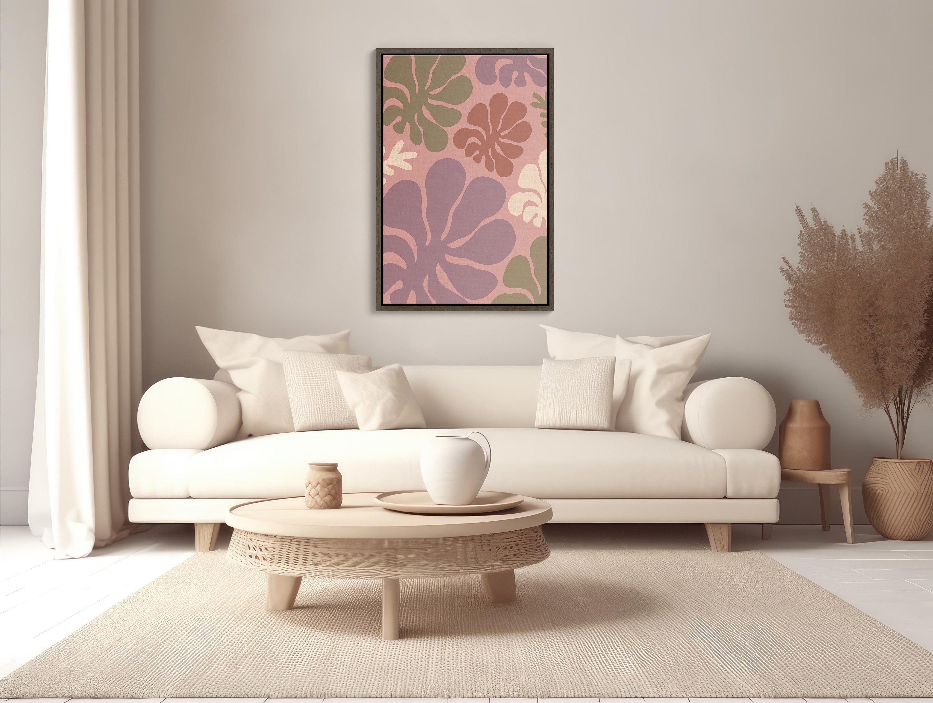 Bohemian-inspired framed canvas print in pink and gold hues