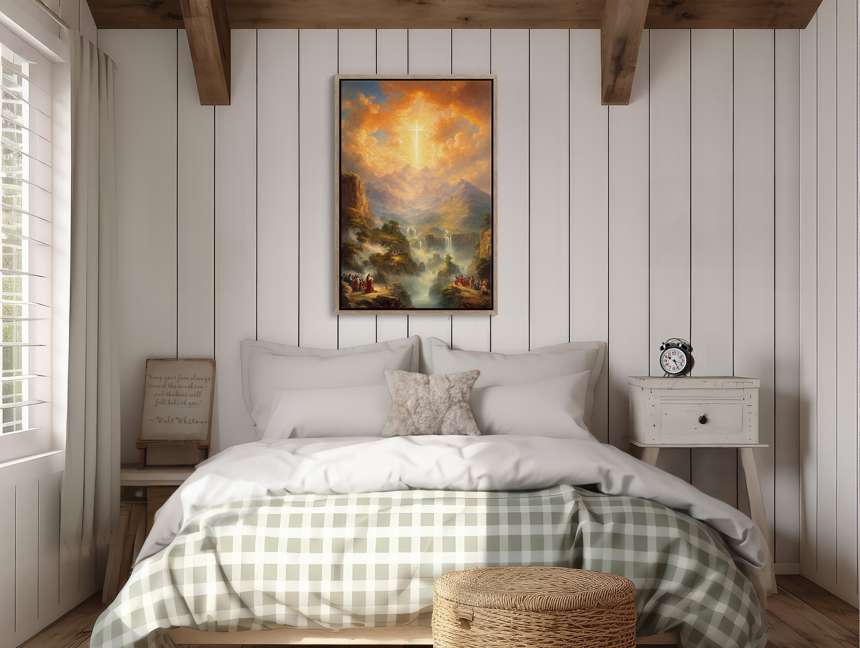 Beautiful Christian wall art featuring a divine cross in the sky, available for immediate digital download to inspire faith at home