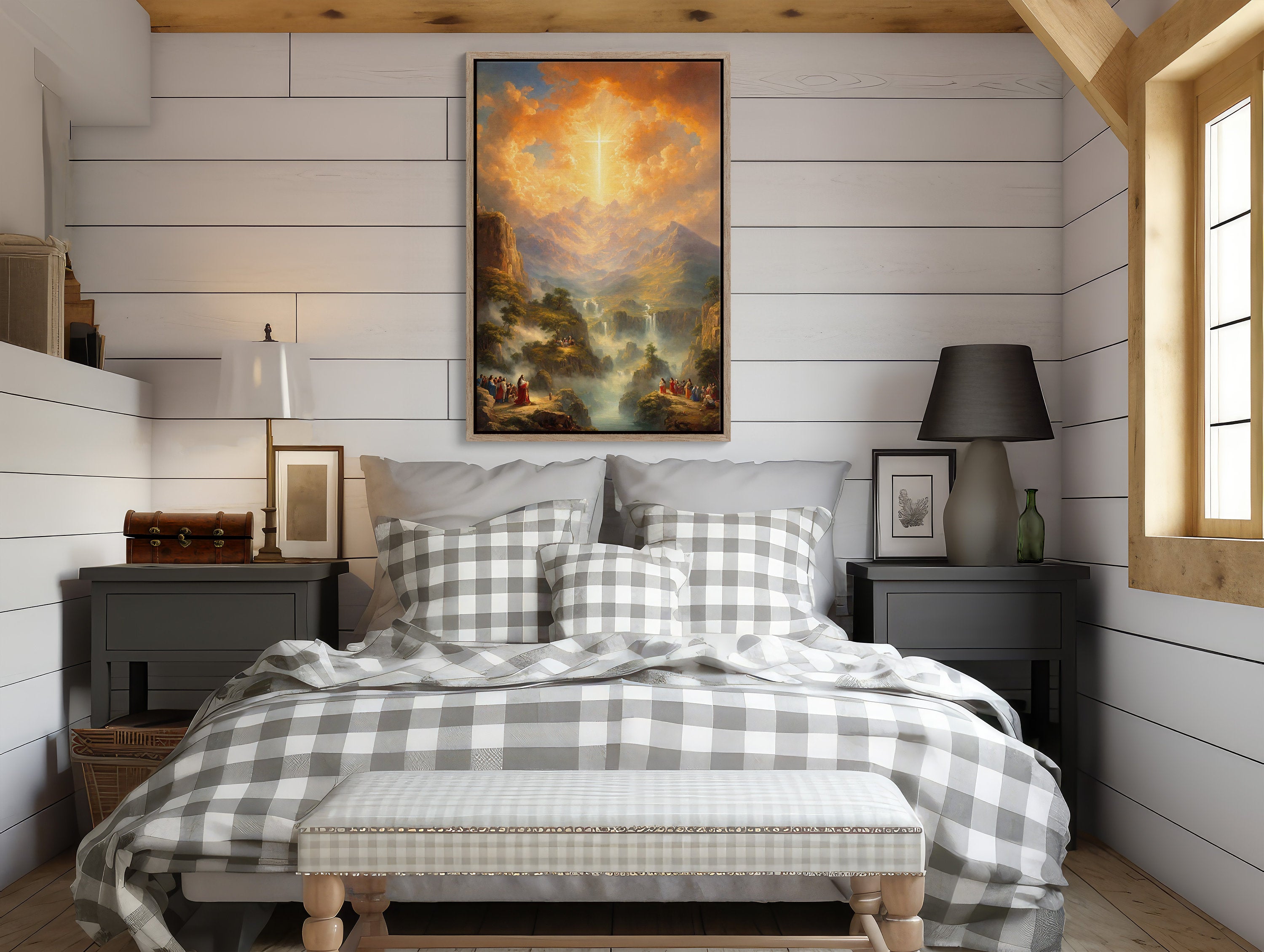 Digital download of Christian wall art featuring a divine cross in the sky, perfect for inspiring faith at home