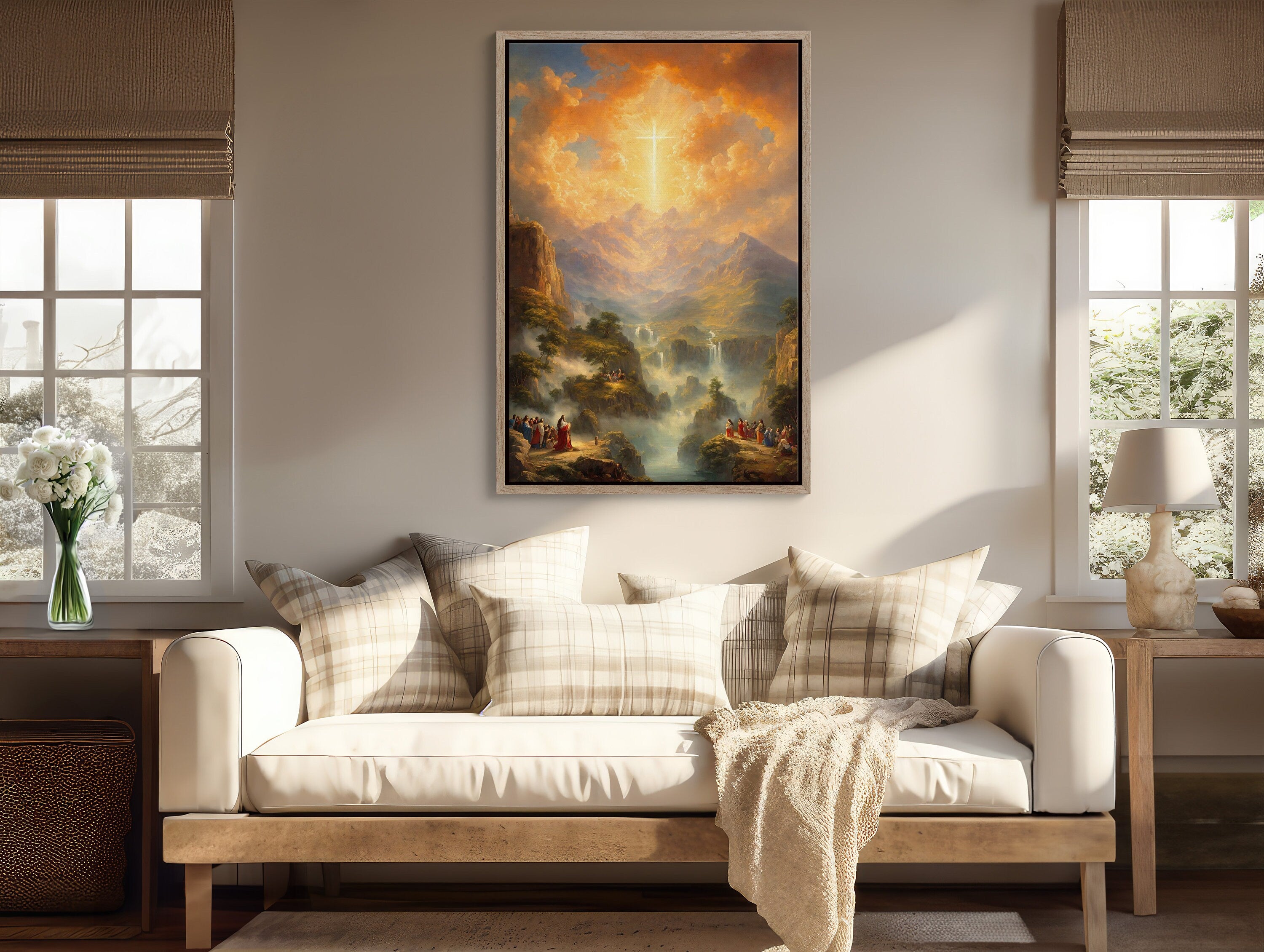 Beautiful digital download of a Christian wall art featuring a divine cross illuminated in the sky, designed to inspire faith and bring inspiration to your home decor