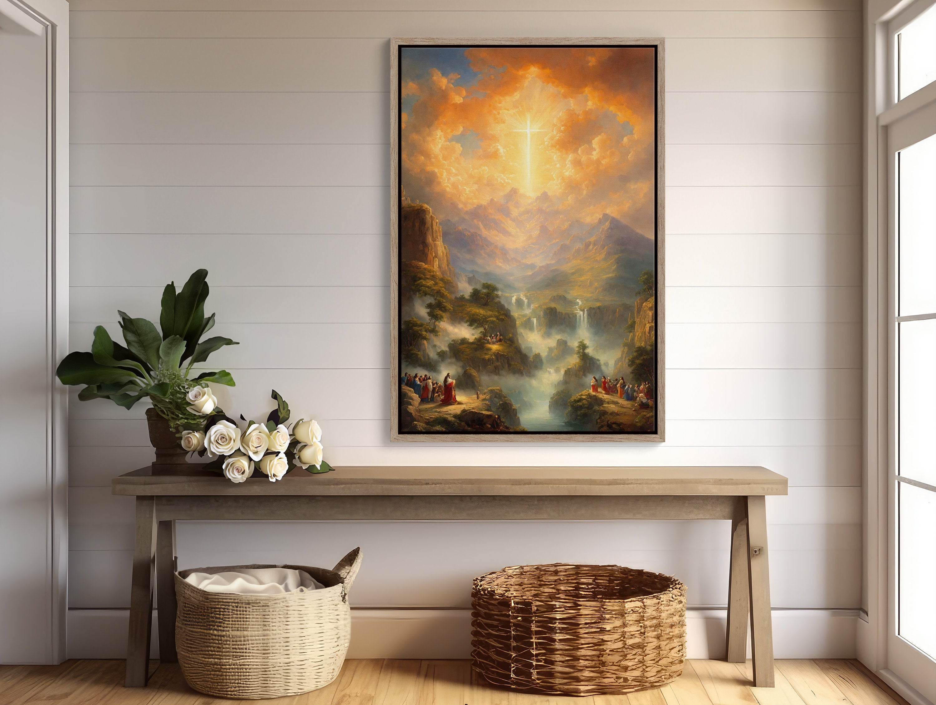 Digital download of Christian wall art featuring a divine cross in the sky to inspire faith at home