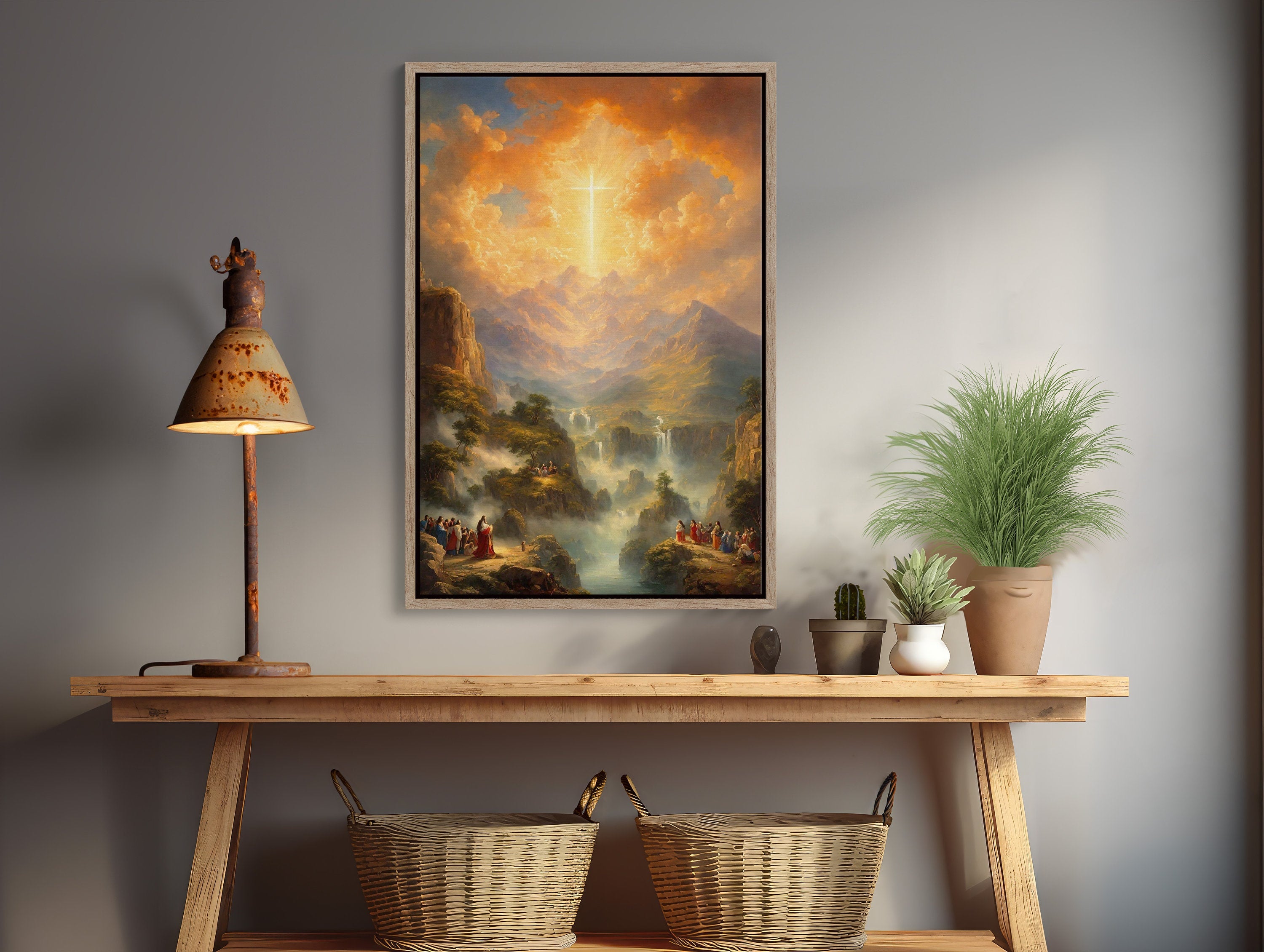 Beautiful Christian wall art featuring a divine cross in the sky, available for immediate digital download to inspire faith and add a touch of spirituality to your home decor