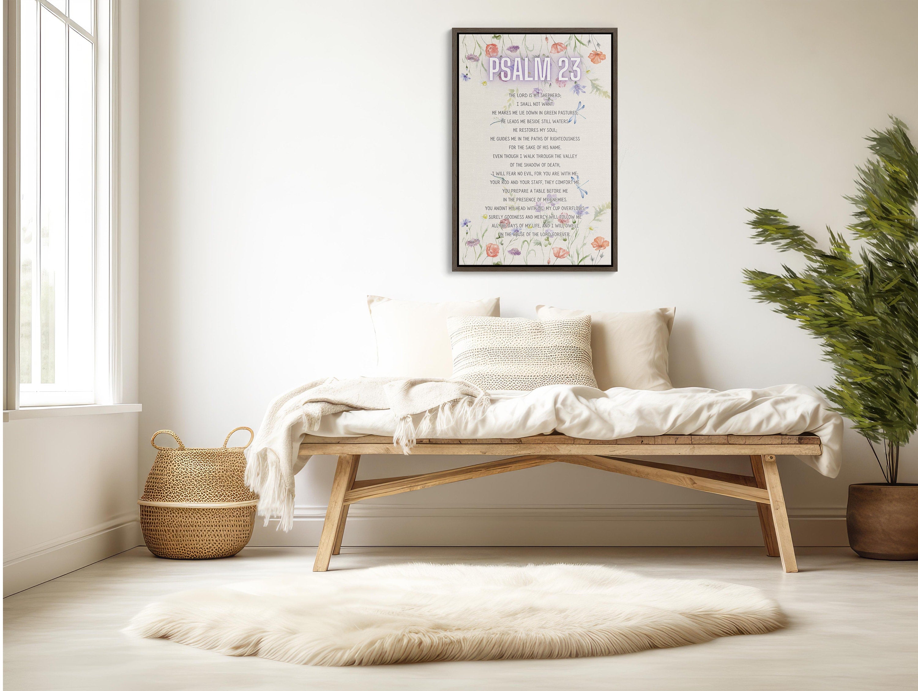 Serene Christian Wall Art with Psalm 23 Floral Design for Living Room Decor