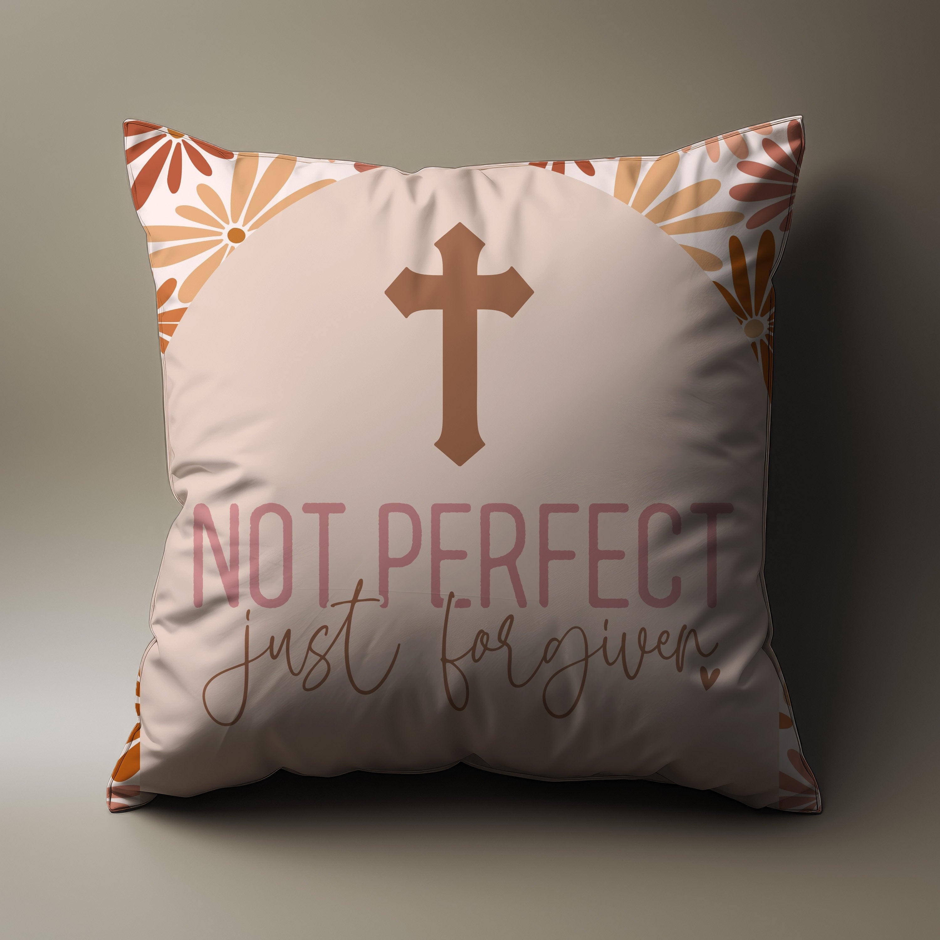 Soft white throw pillow with the words 'Christian Not Perfect Forgiven' in elegant cursive script, perfect for adding a touch of faith to your home decor