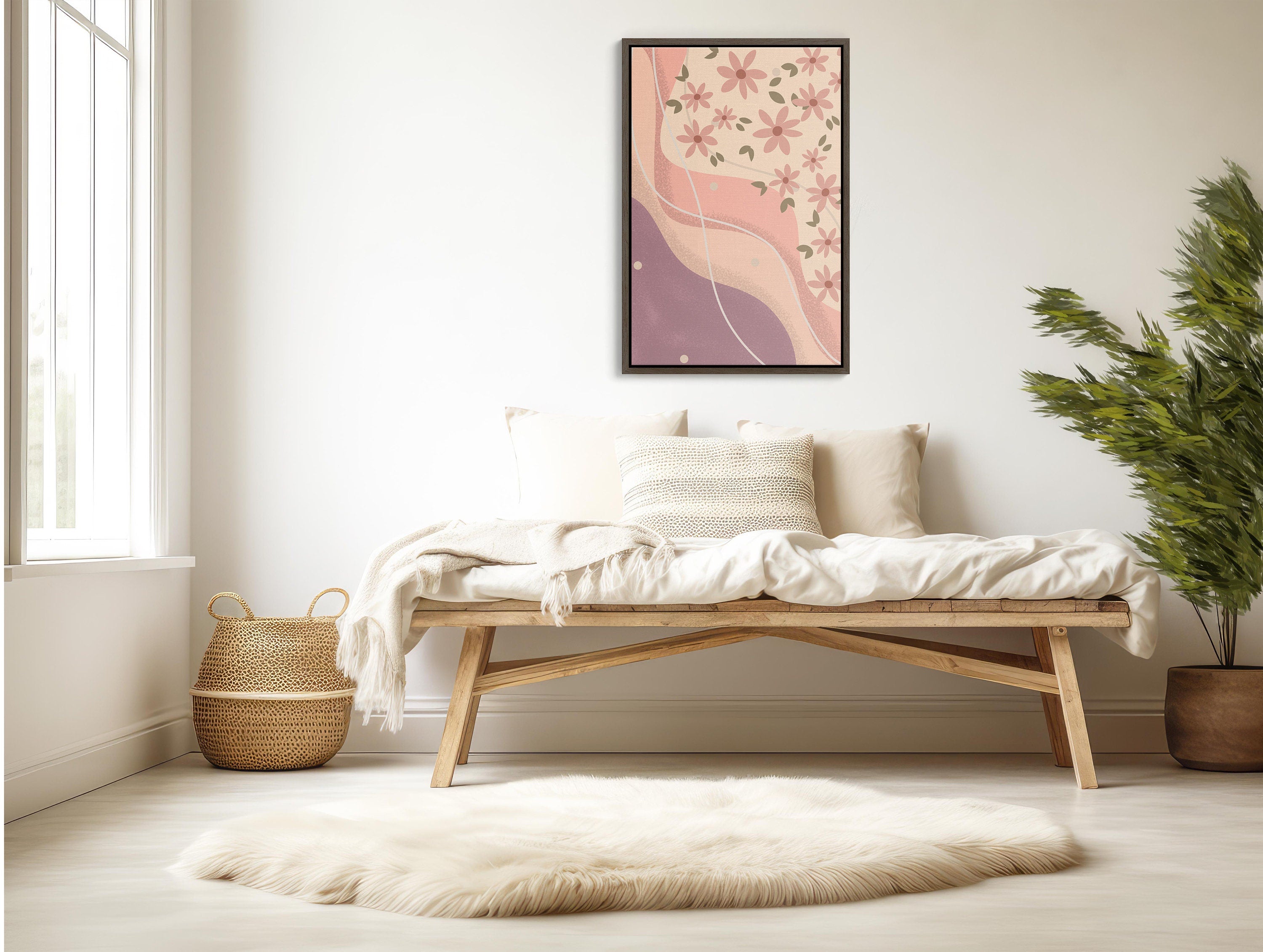 Pink Wall Art XL Framed Canvas with Large Boho Style Ocean Sunset