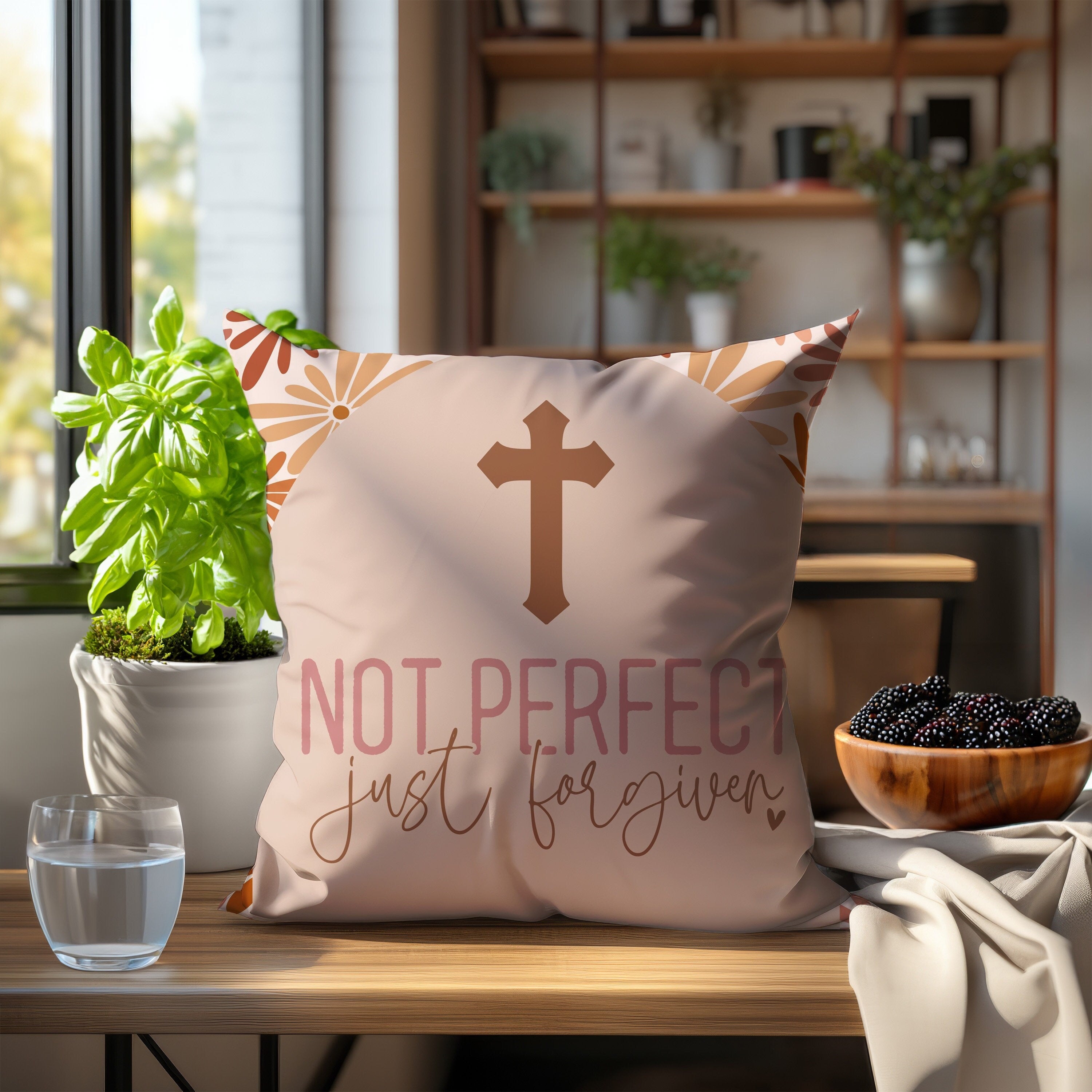 Beautiful Christian Not Perfect Forgiven Throw Pillow with Cross Design and Inspirational Quote for Home Decor 