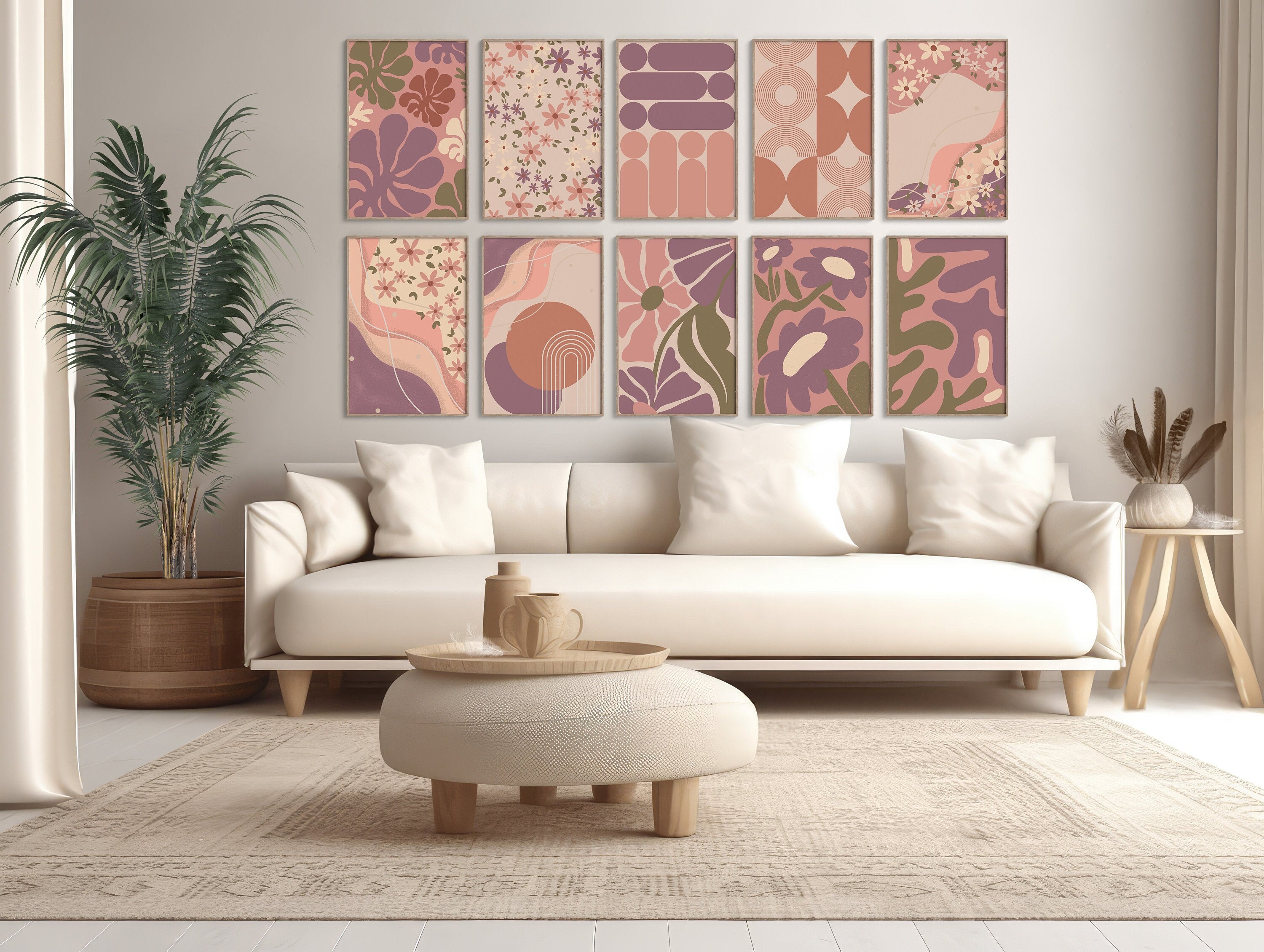 Set of 10 Boho Wall Art Prints with Floral and Geometric Patterns