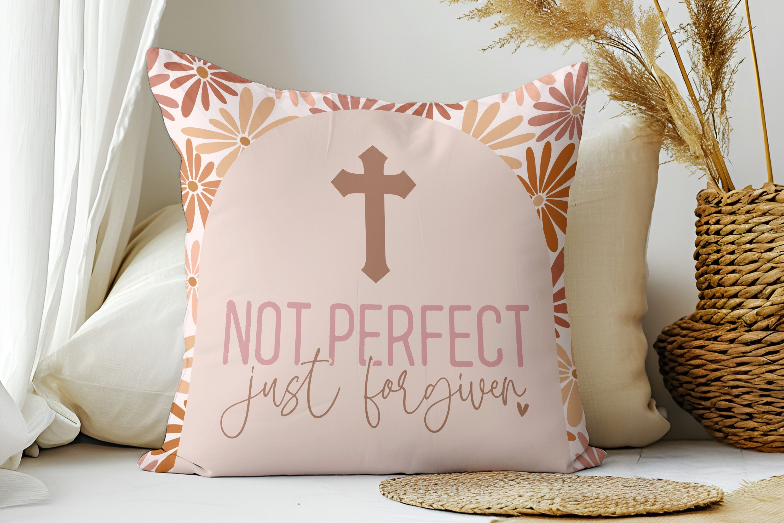 White throw pillow with the words 'Christian Not Perfect Forgiven' in black cursive font, perfect for adding a touch of faith and comfort to your home decor