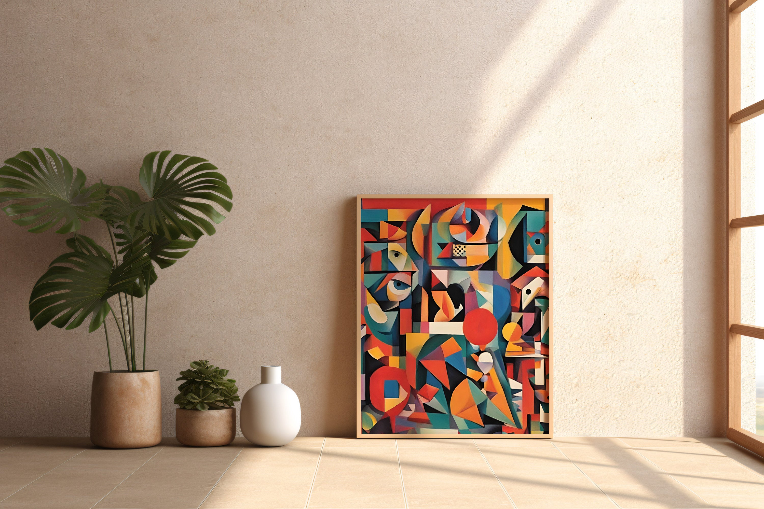 Intricate maximalist cubist abstract wall art print with bold patterns