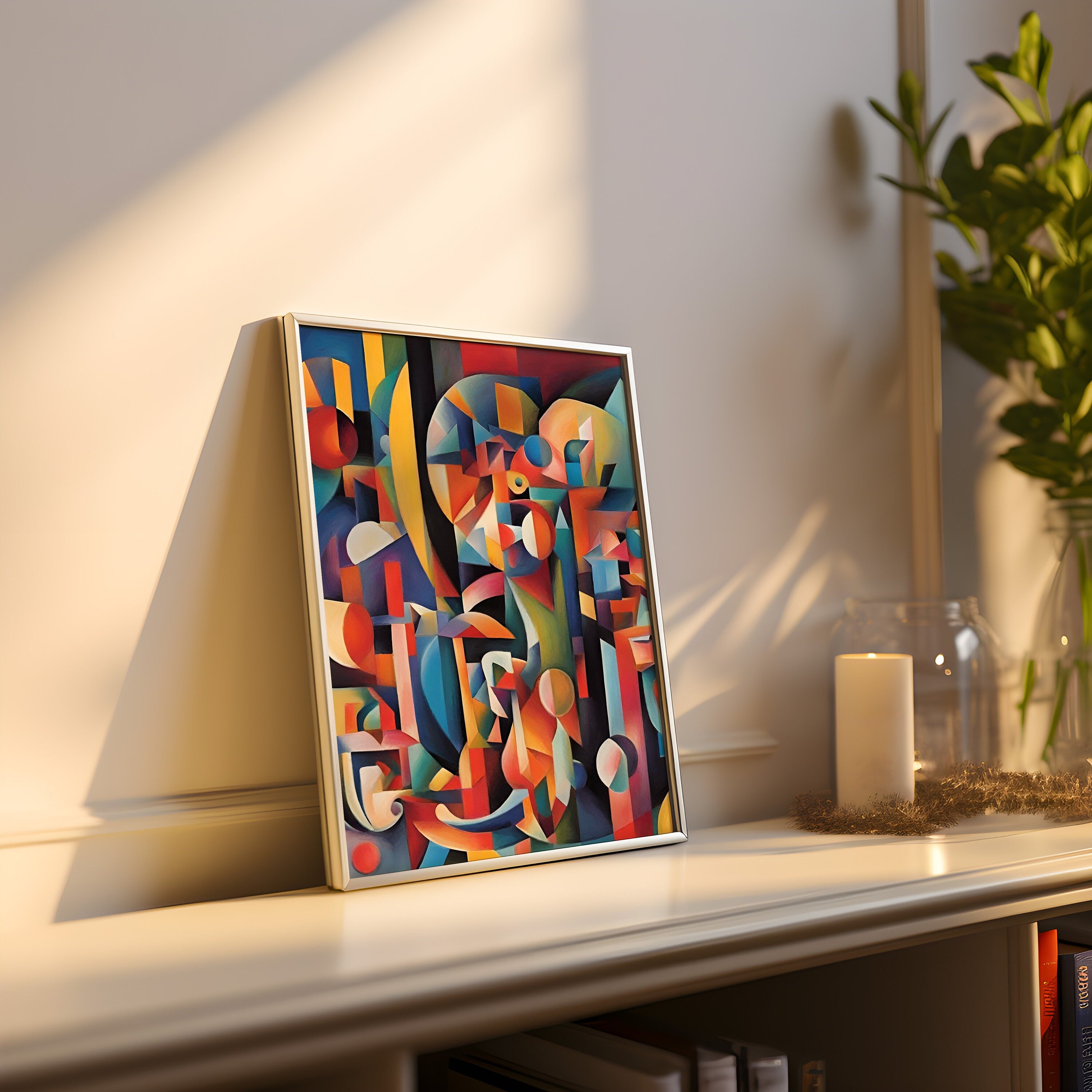 Maximalist cubist abstract wall art prints in various sizes for gallery wall