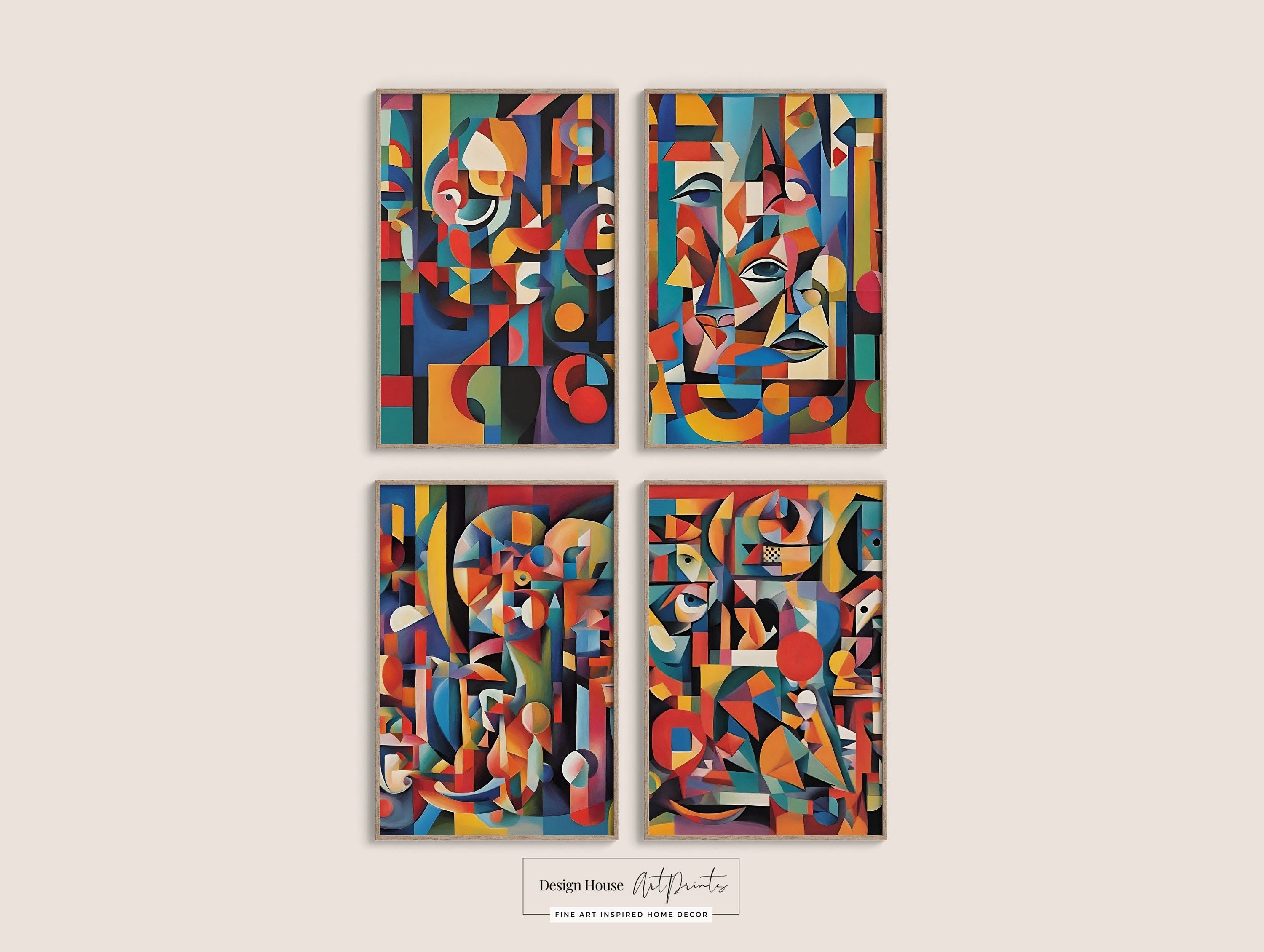 Maximalist cubist abstract wall art print with vibrant geometric shapes