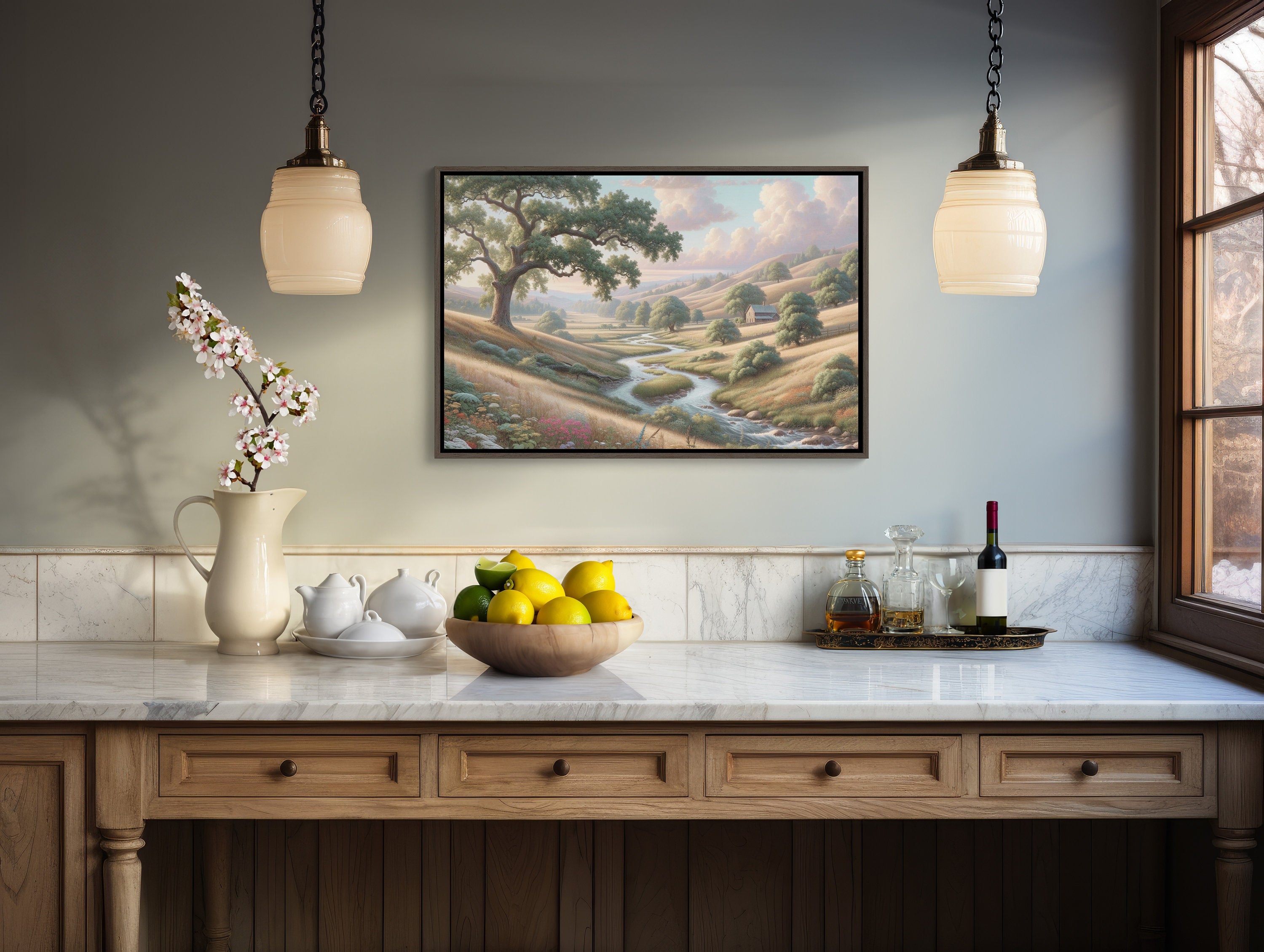 Digital wall art featuring a serene countryside scene with a winding river