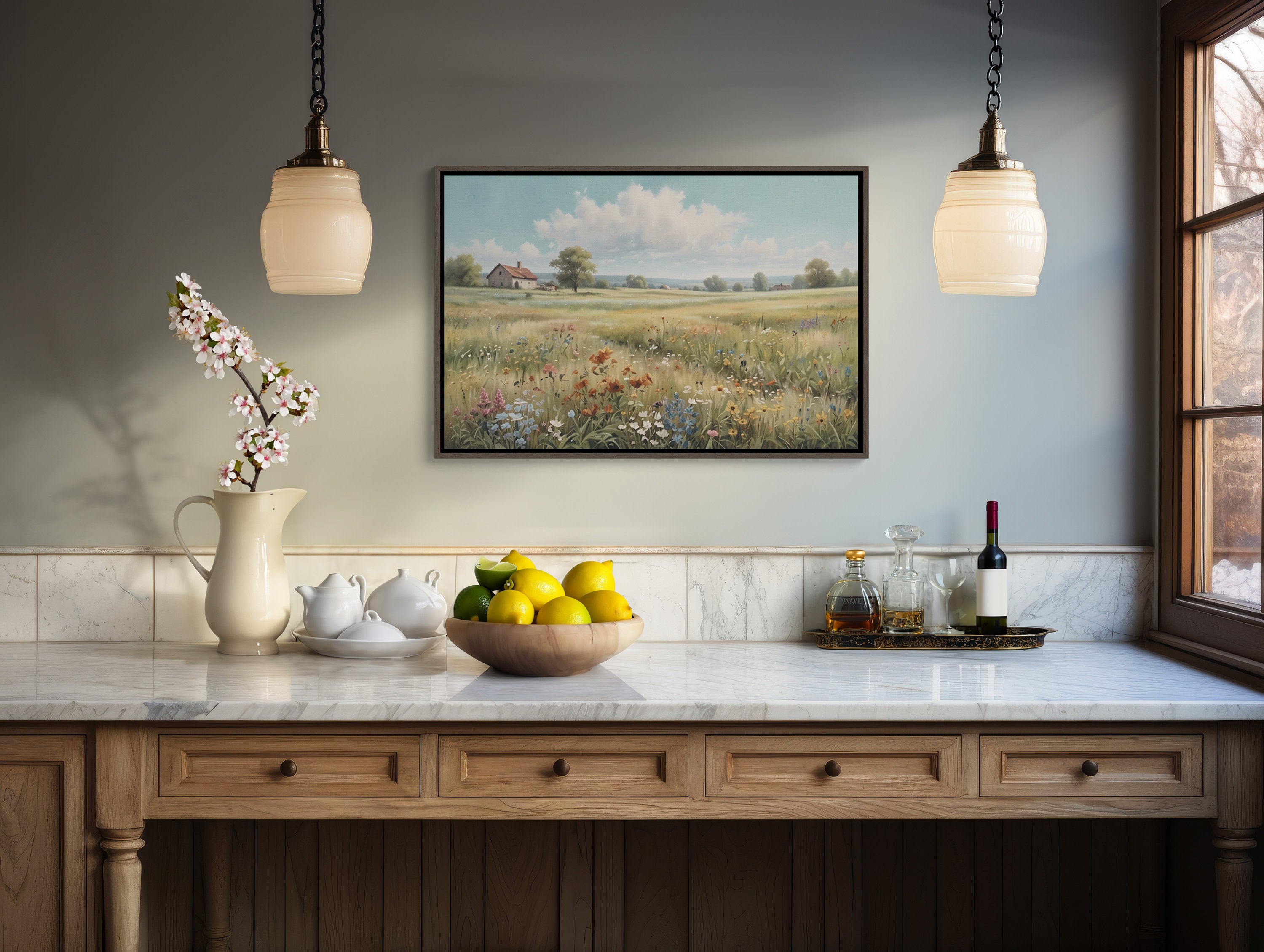 Close-up view of the vibrant wildflower field artwork printed on a large framed canvas