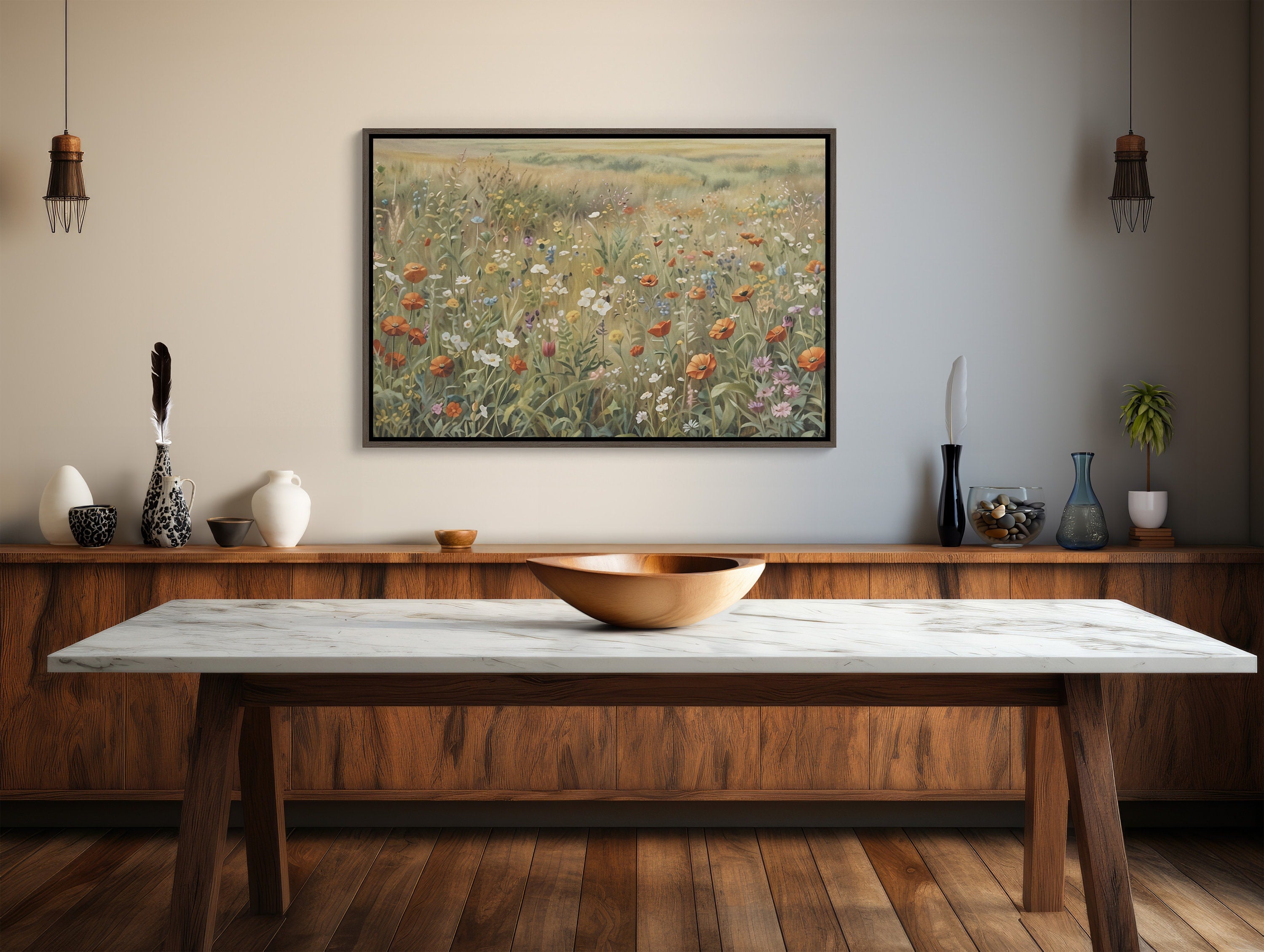  Detailed close-up of the Country Wildflower Landscape Framed Canvas Print, showcasing the intricate brushstrokes and rich colors of the wildflowers and landscape