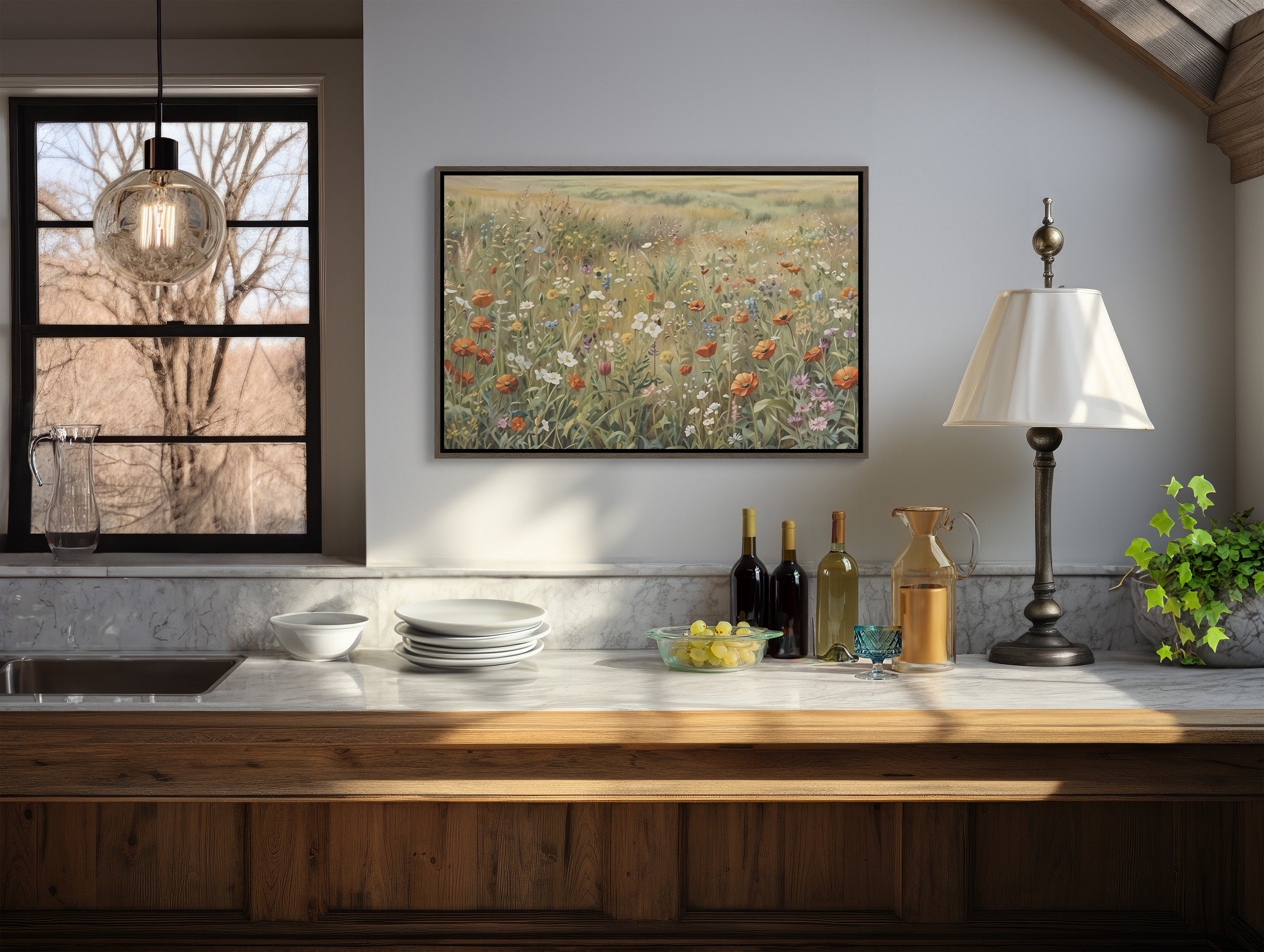 Tranquil country wildflower landscape framed canvas print to bring the outdoors inside