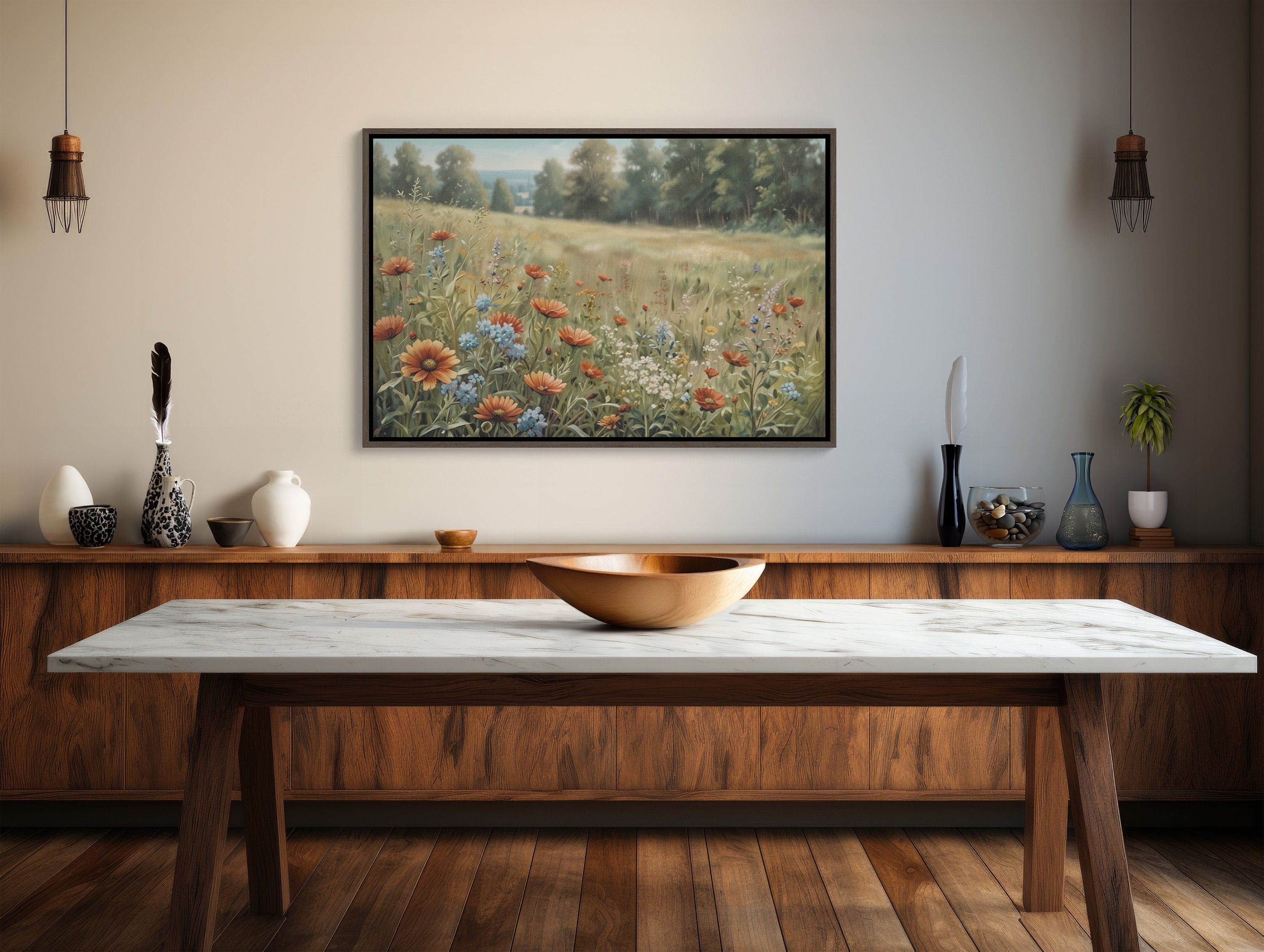 Beautiful wildflowers blooming in a picturesque field on canvas