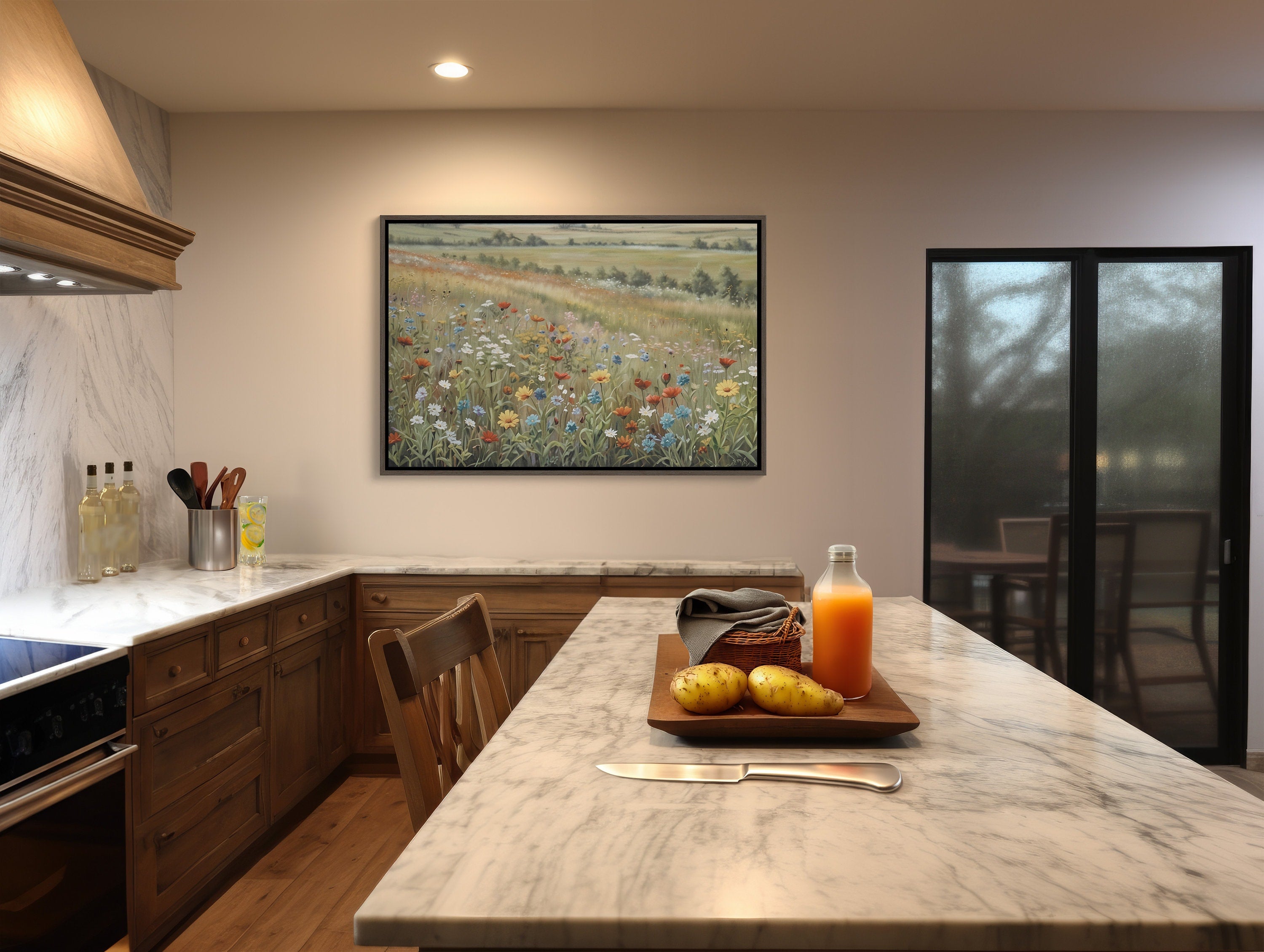 Beautiful Wildflower Field Framed Canvas Print in natural light setting