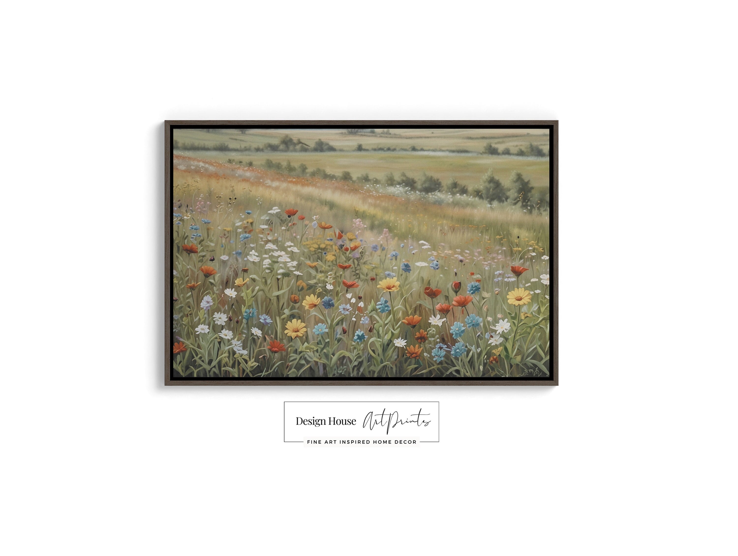 Wildflower Field Framed Canvas Print hanging on rustic wooden wall