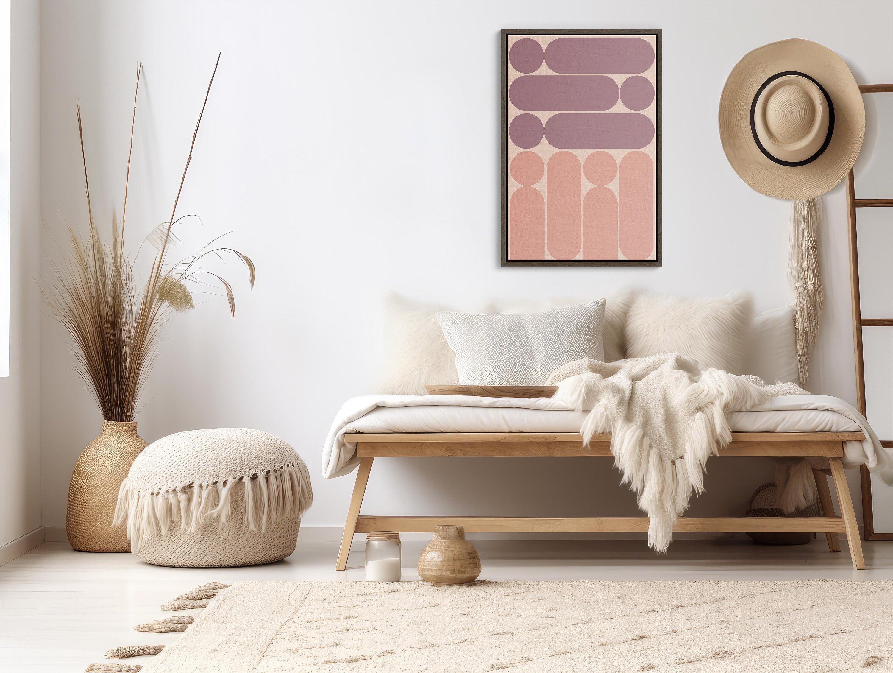 Boho Pink Framed Canvas Wall Art with Gold Accents and Bohemian Style