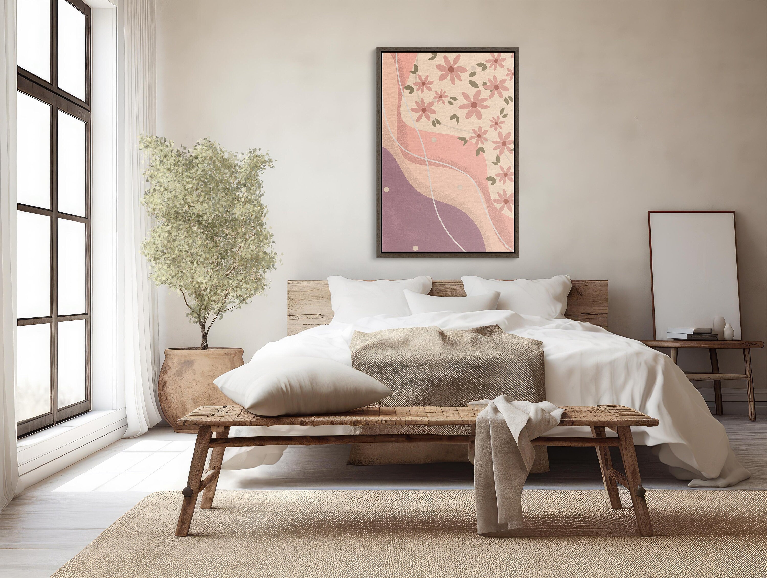 Beautiful Boho Pink Framed Canvas Print with Abstract Art for Wall Decor