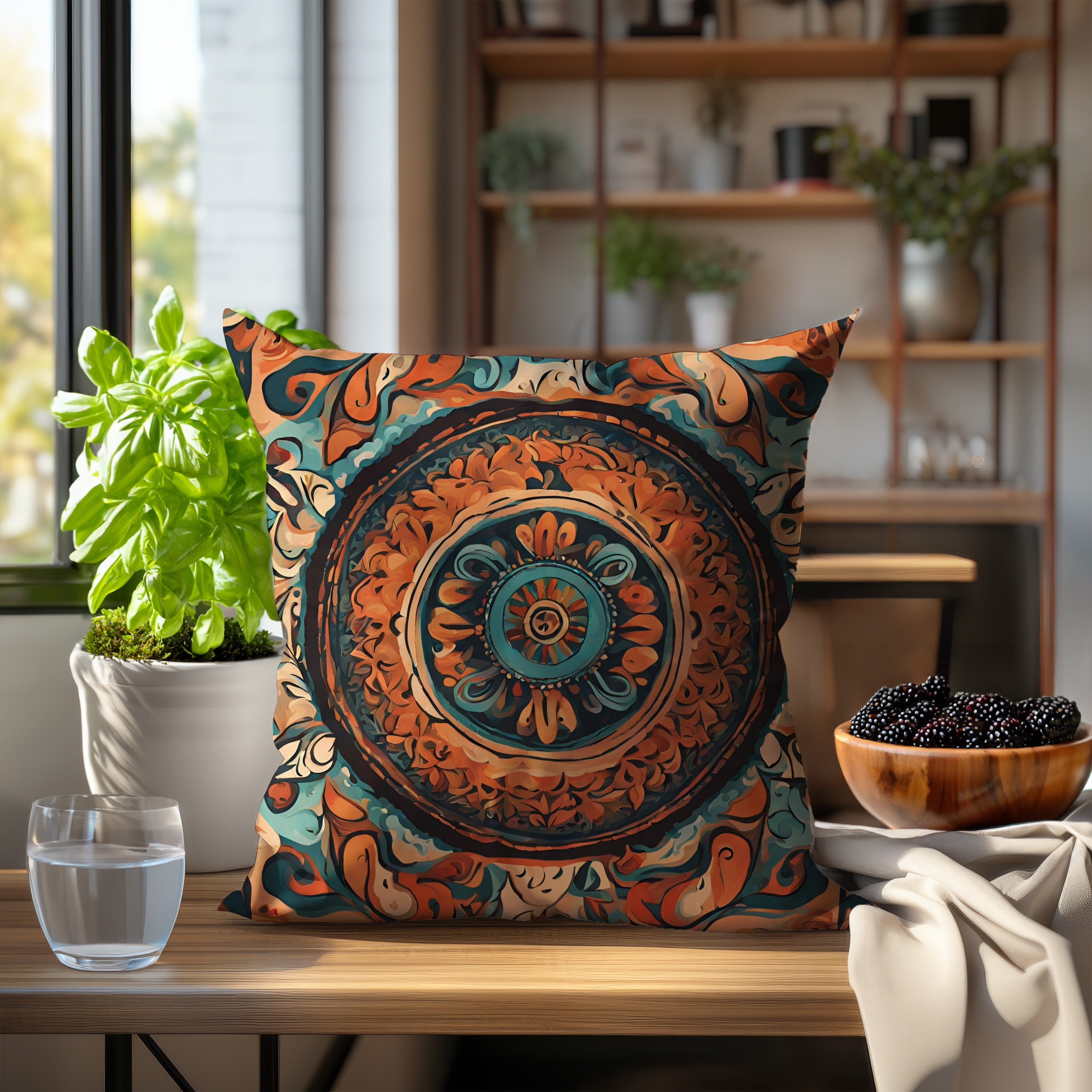 Square Decorative Pillow with Vibrant Boho Inspired Patterns