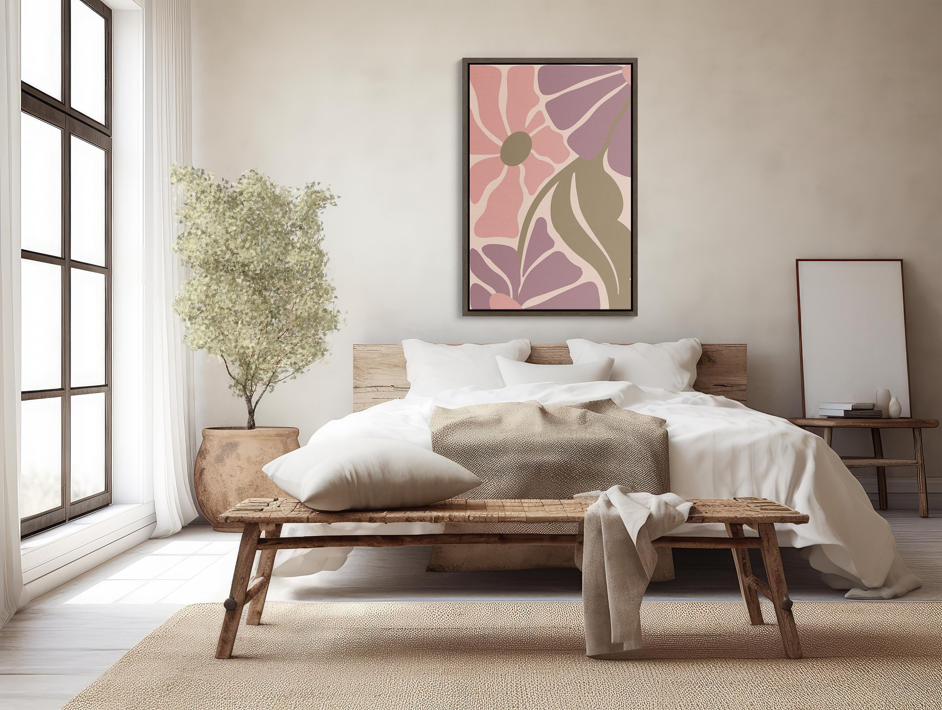 Large wall art in pink and white, framed canvas, adds elegance to any space