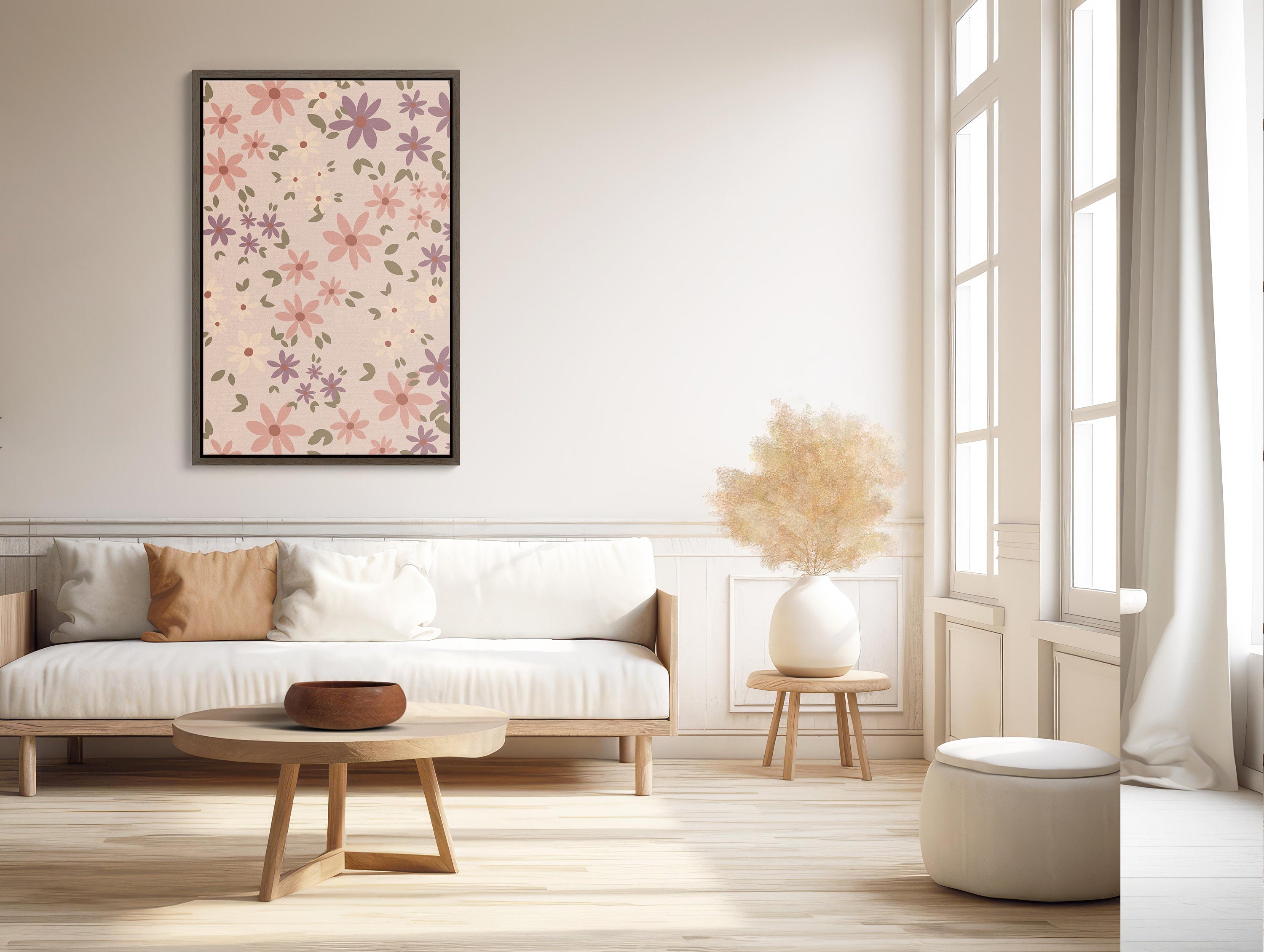 XL Framed Pink Boho Wall Art Canvas with Floral Pattern and Gold Accents