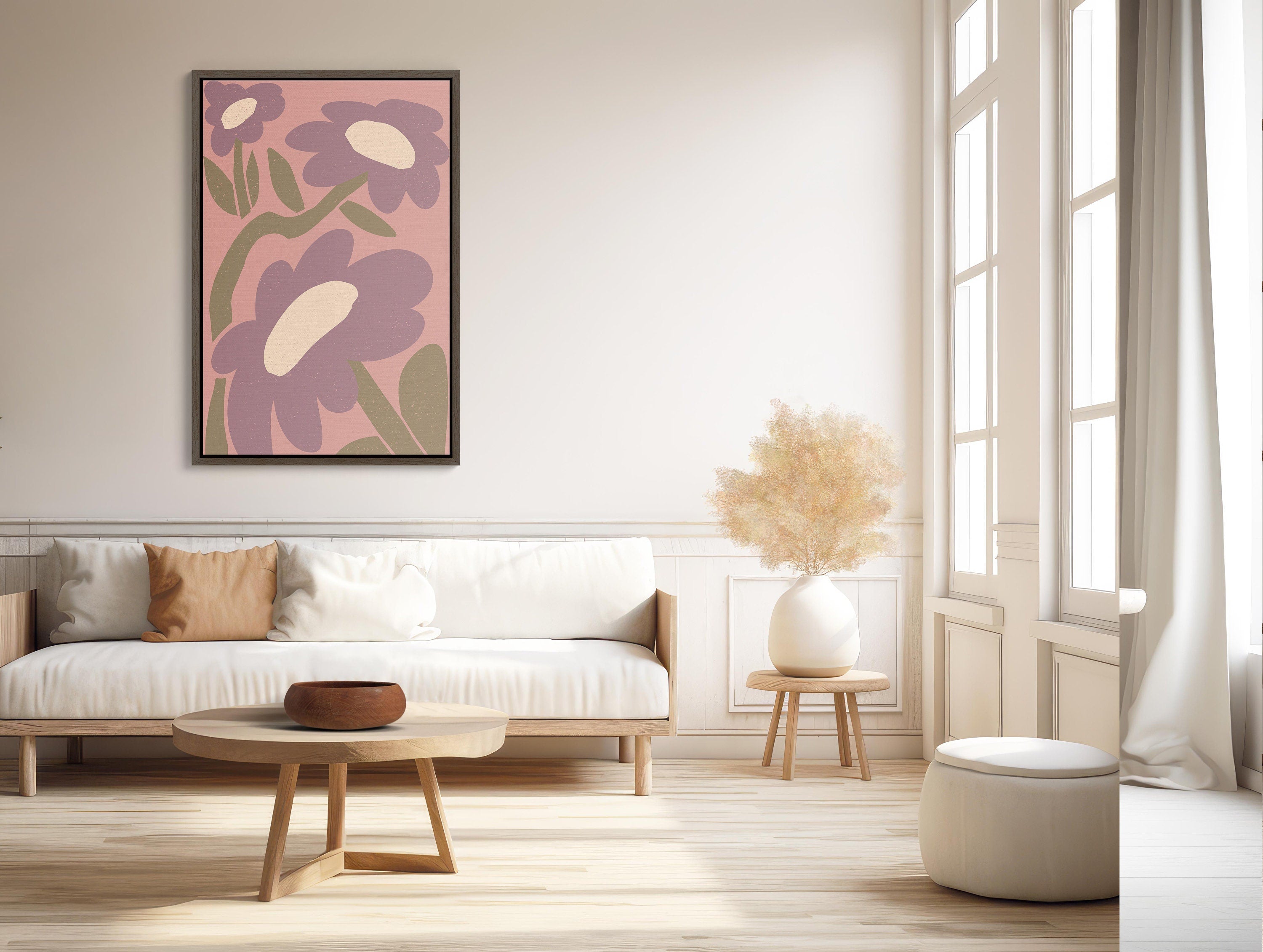 Beautiful XL framed canvas wall art with elegant pink floral pattern