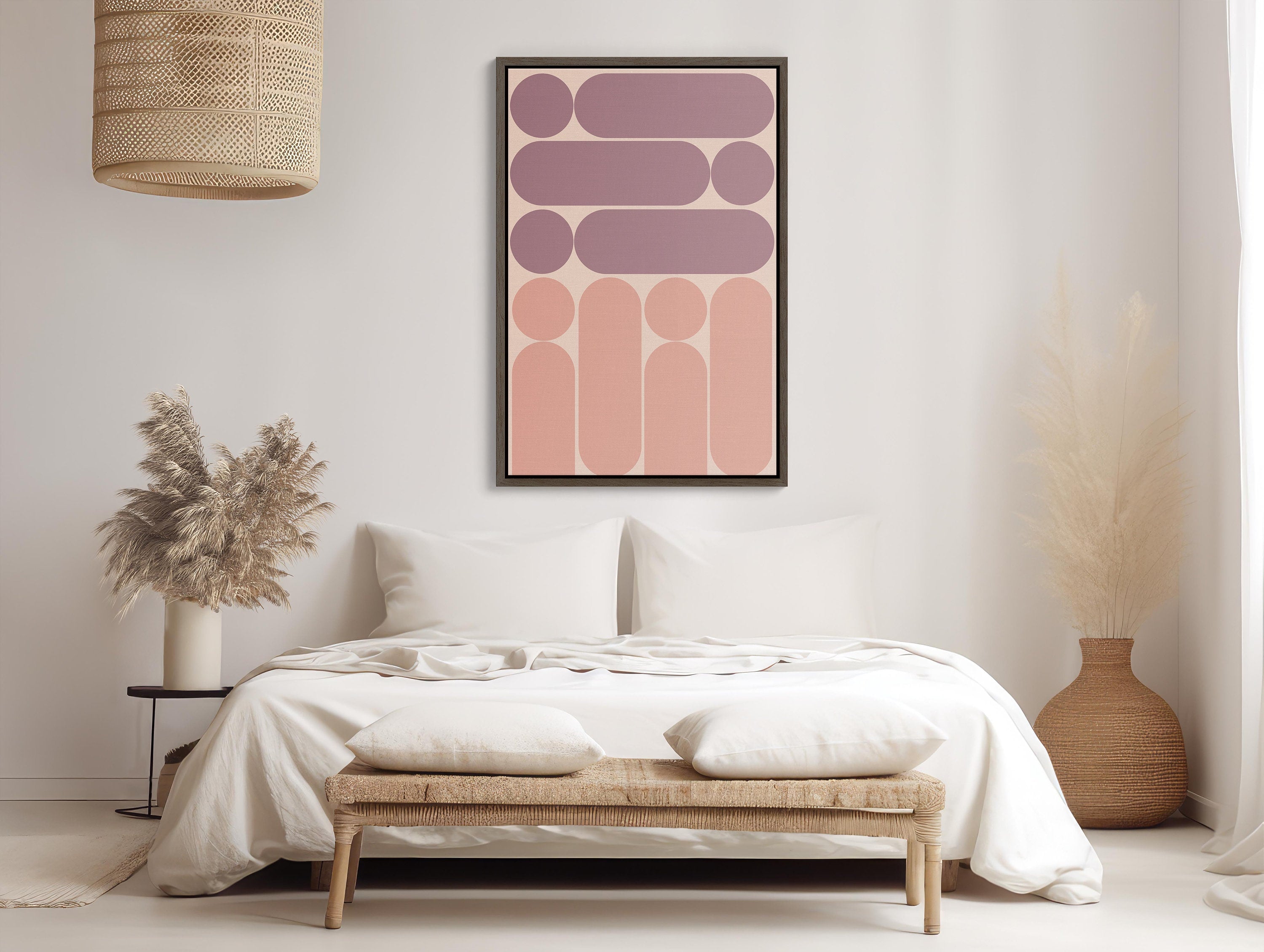 Framed canvas wall art in boho design and soft pink tones