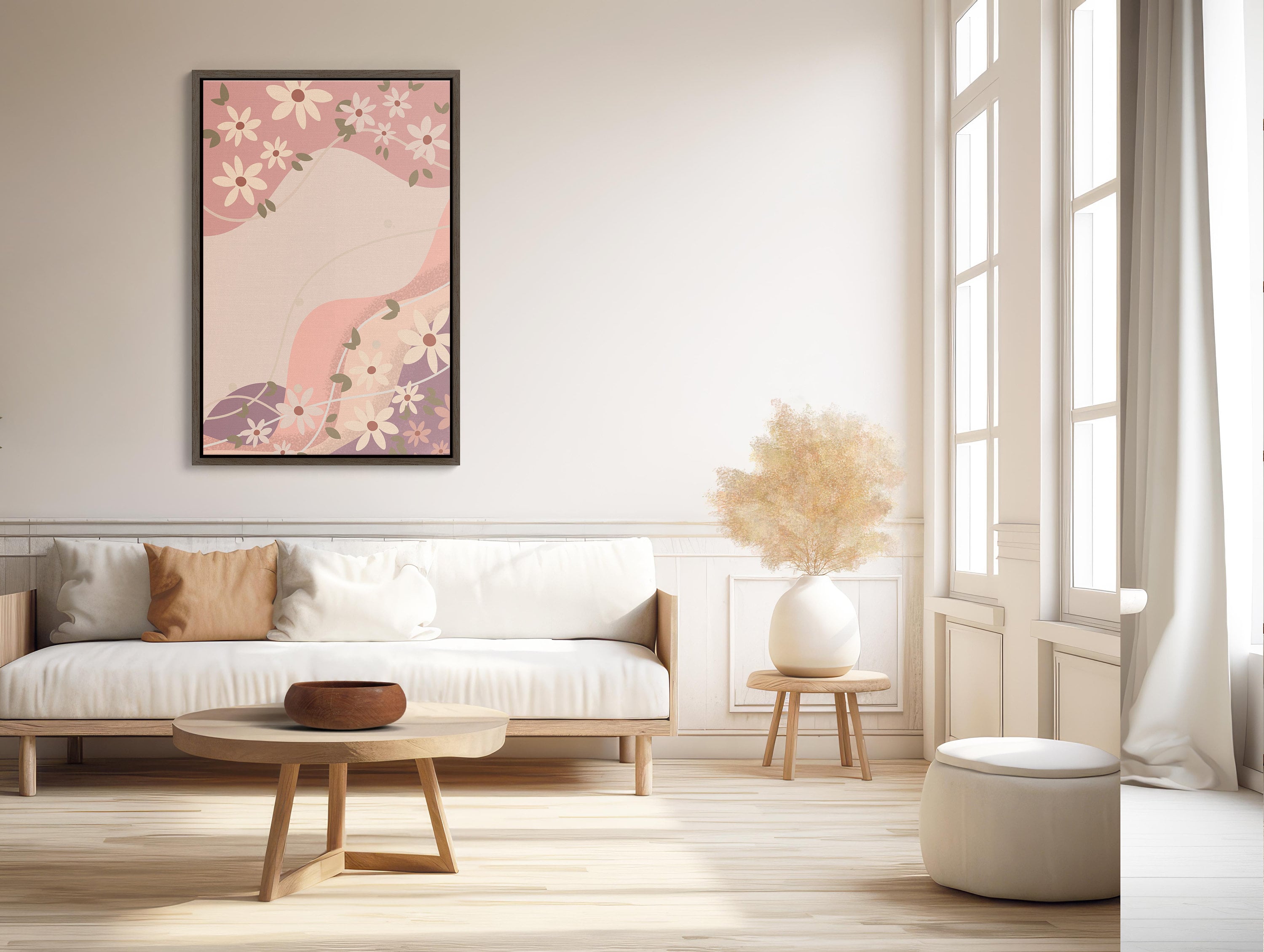 Boho Wall Art XL Framed Canvas with Pink Floral Design