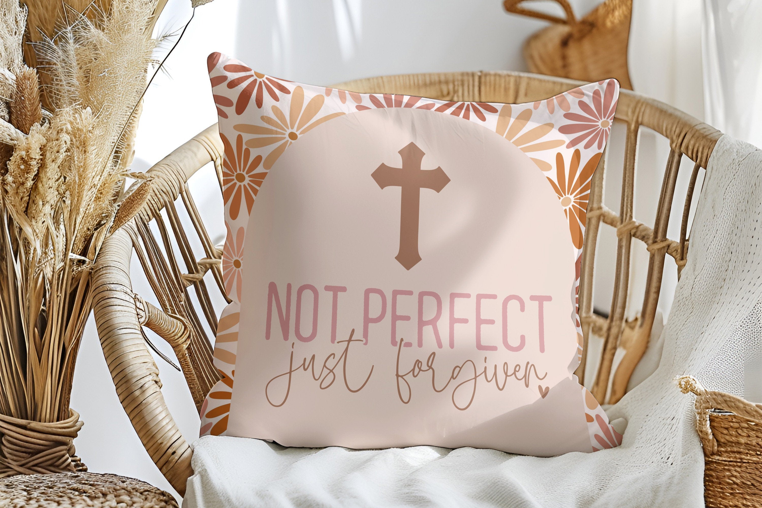 Soft white throw pillow with the words 'Christian Not Perfect Forgiven' in a stylish, script font, perfect for adding a touch of faith and comfort to your home decor