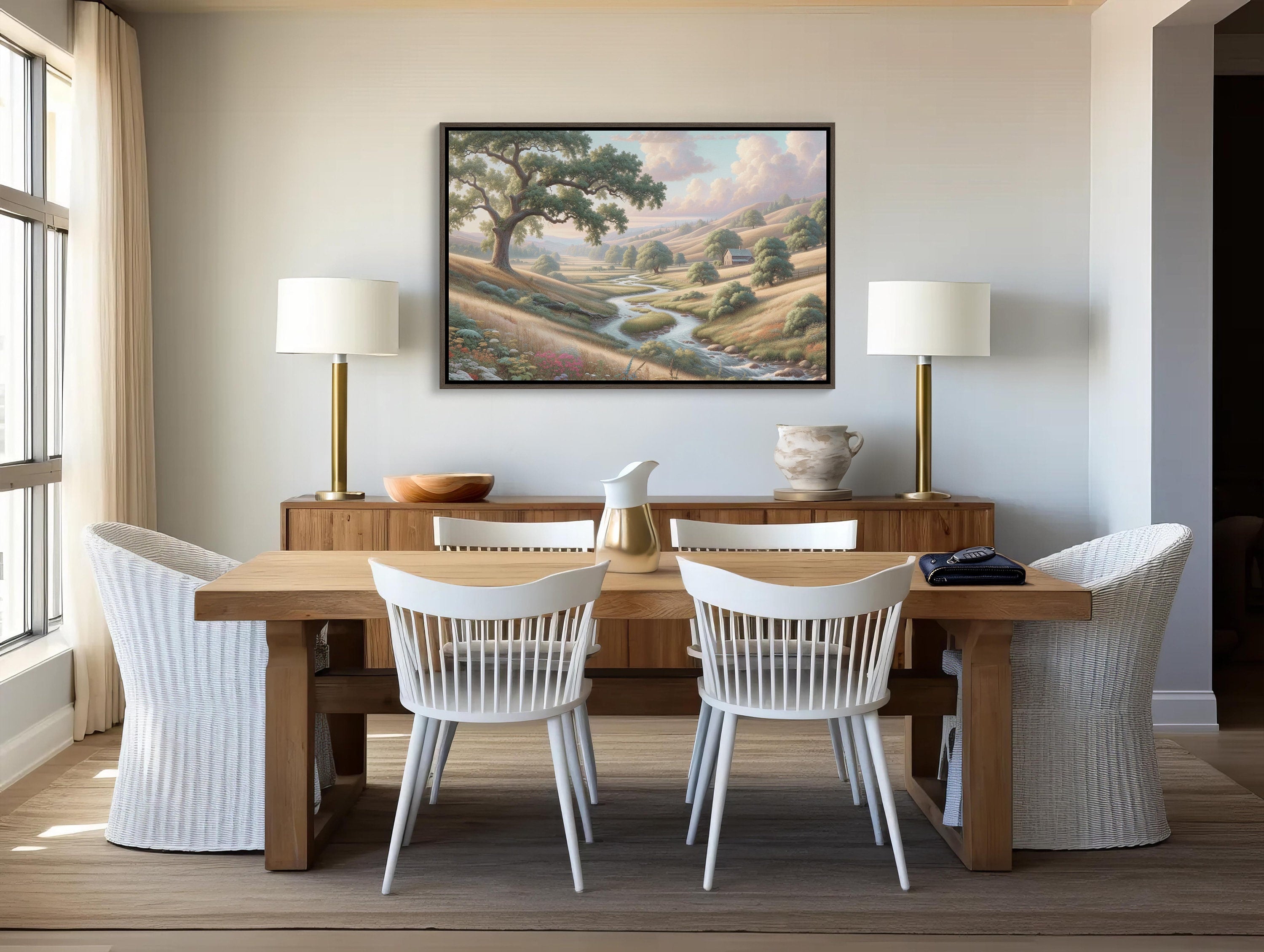 Beautiful digital wall art showcasing a tranquil countryside with a charming farmhouse