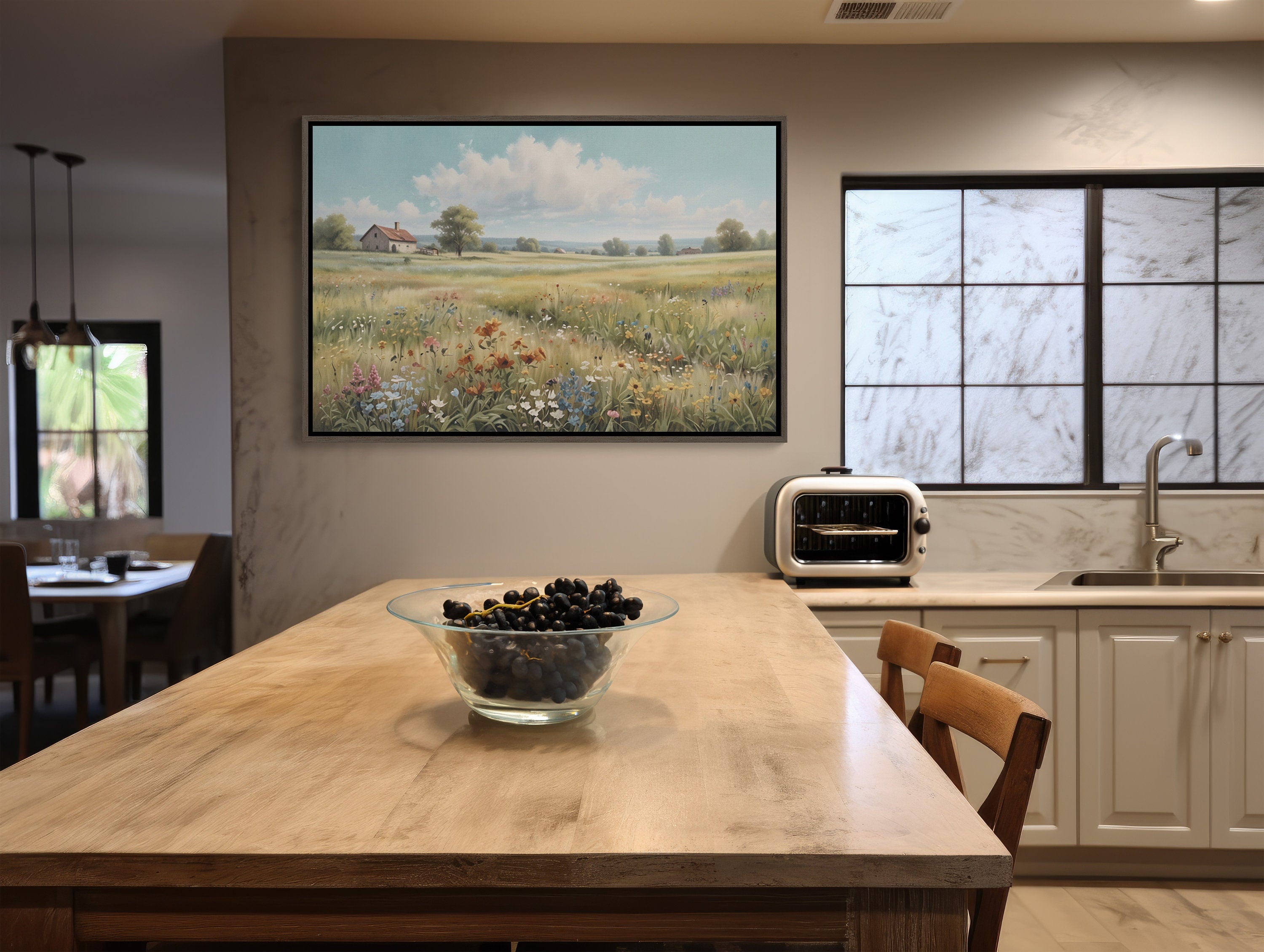 Vibrant wildflower field art on canvas, framed and ready to hang