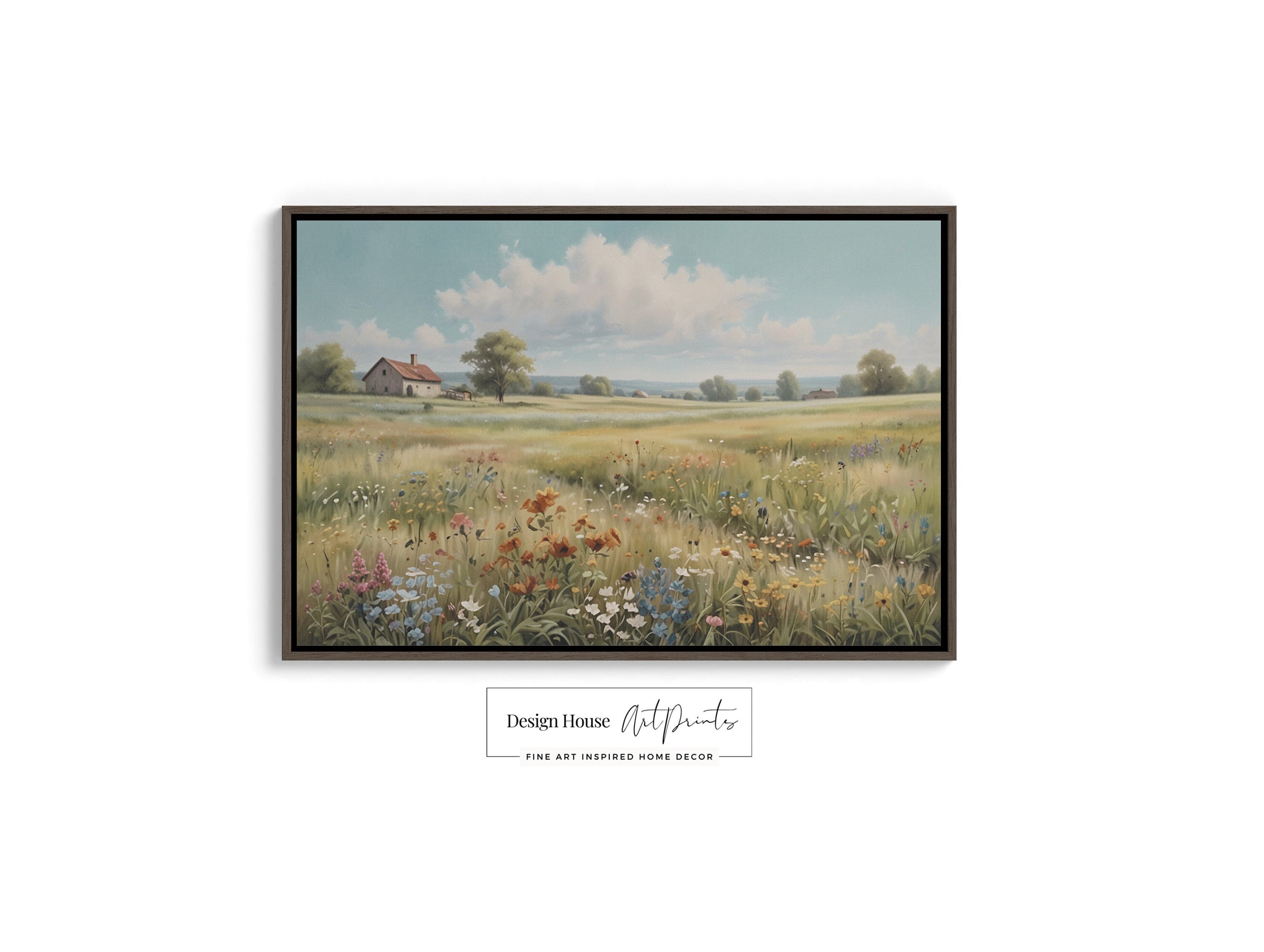 Wildflower Field Large Framed Canvas Print hanging on a white wall with natural sunlight shining on it