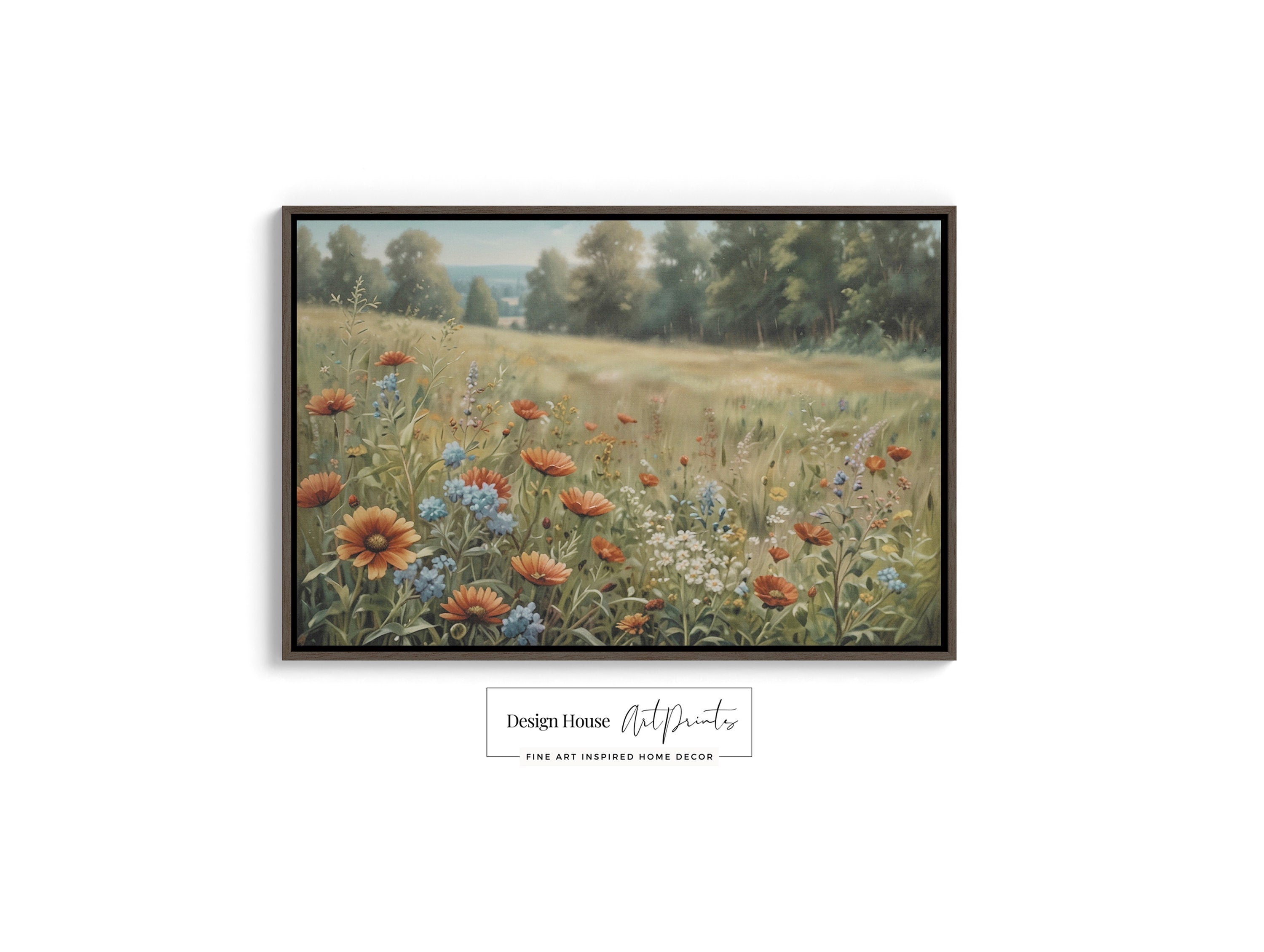 Wildflower field framed canvas print with vibrant colors and texture